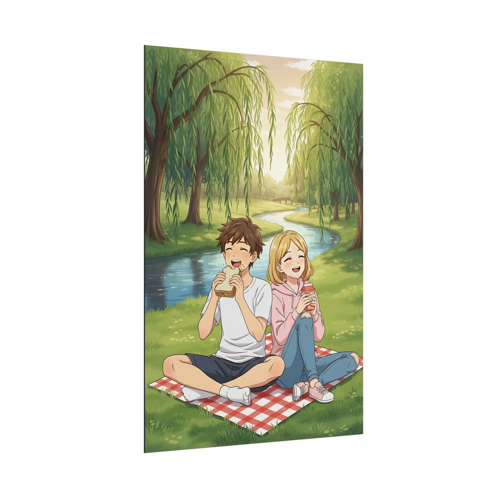 Cozy Anime Picnic Poster – Slice-of-Life Couple by the River | Warm Sunset Park Scene Wall Art