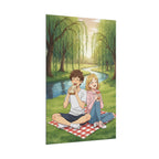 Cozy Anime Picnic Poster – Slice-of-Life Couple by the River | Warm Sunset Park Scene Wall Art