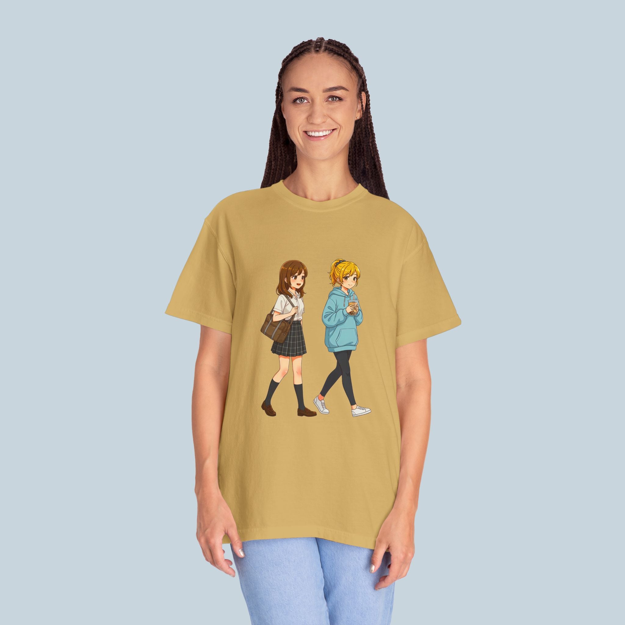 Anime School Friends T-Shirt — Cute Walking Duo Graphic Tee