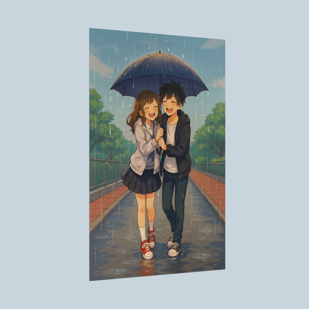 Cute Anime Couple Poster Rainy Day Romance Wall Art for Anime Lovers and Manga Fans