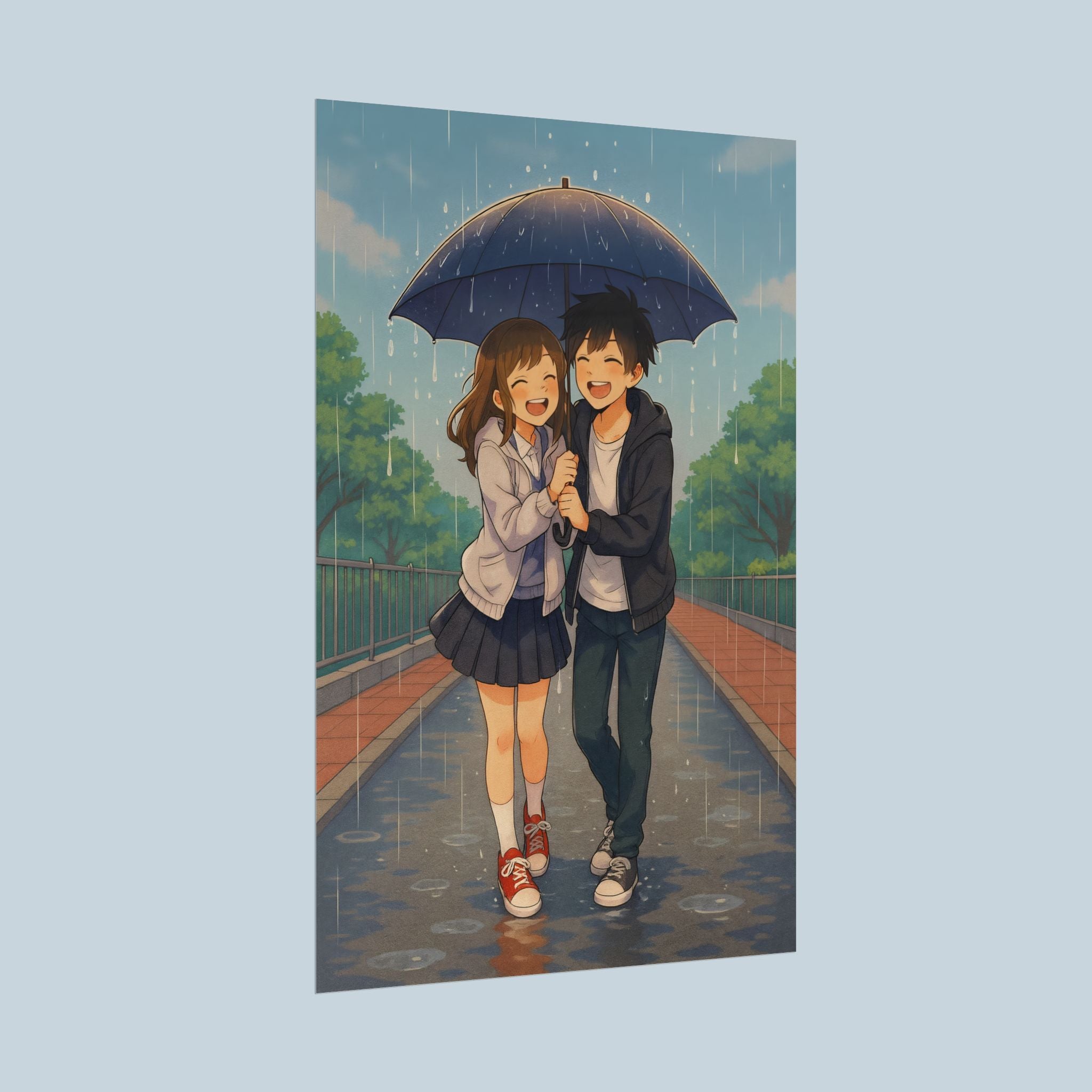Cute Anime Couple Poster Rainy Day Romance Wall Art for Anime Lovers and Manga Fans