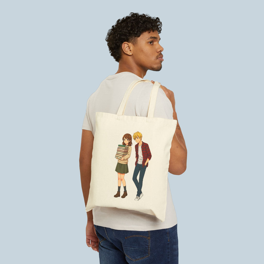 Anime School Romance Tote Bag Book Girl and Blonde Guy Cotton Canvas Gift for Anime Fans