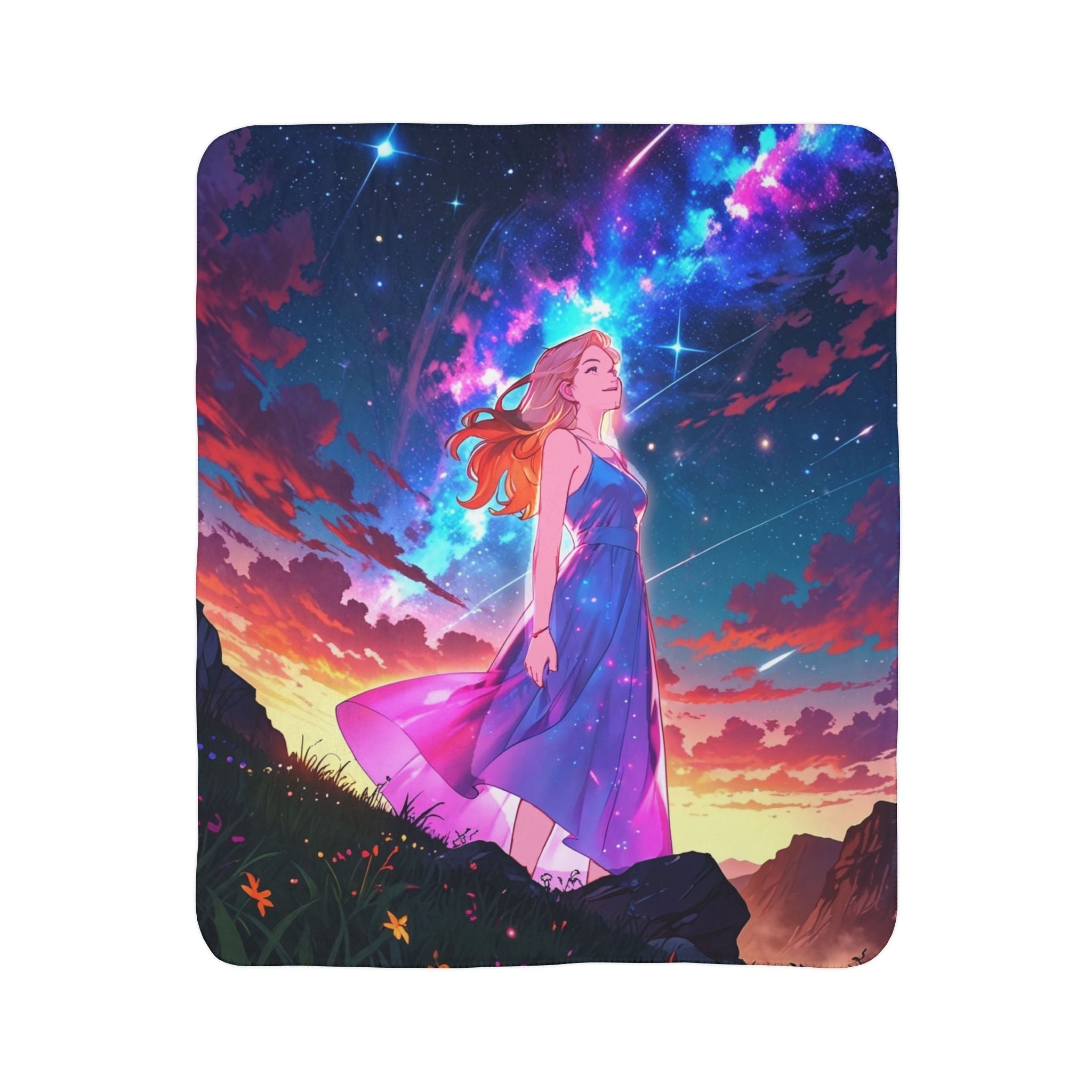 Celestial Dreamer Anime Sherpa Blanket – Starry Night Fantasy Girl Fleece Throw