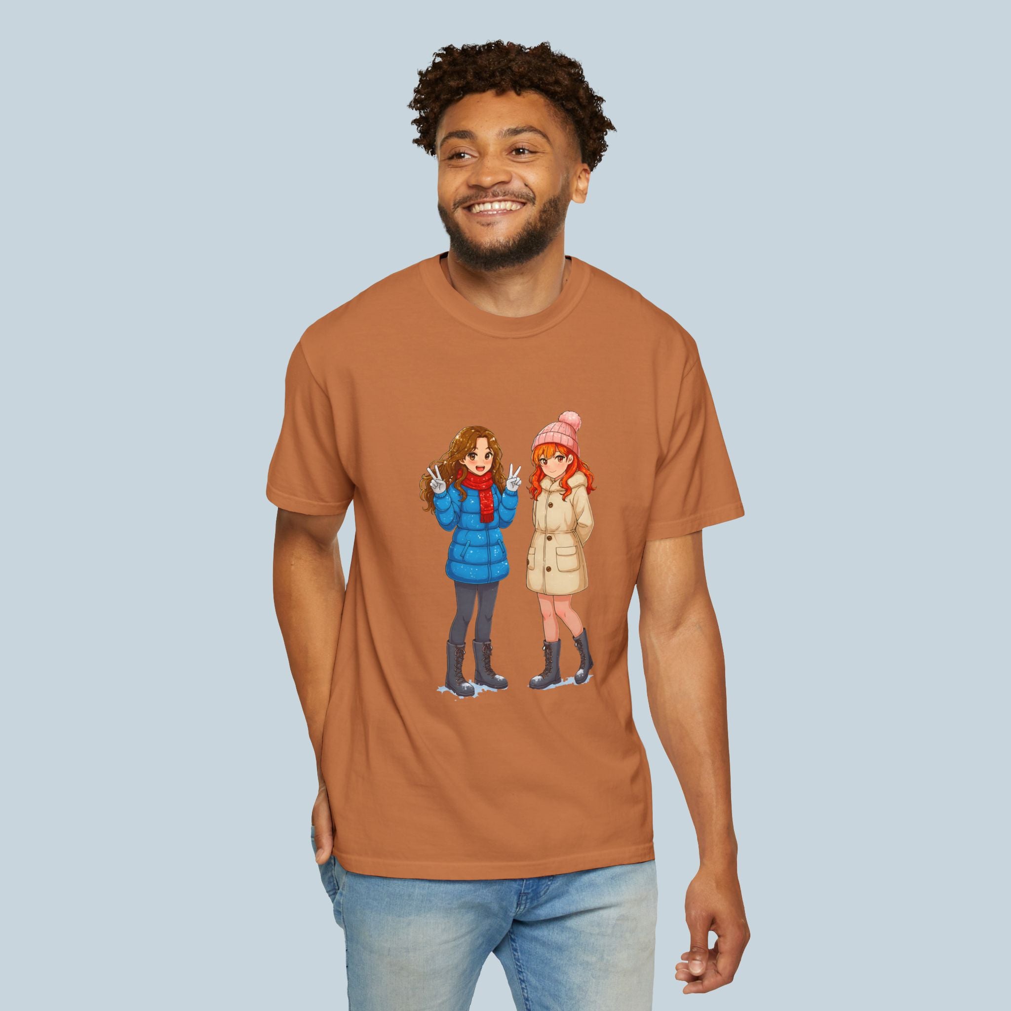 Cute Winter Anime Girls T-Shirt Cozy Slice of Life Tee for Anime Fans and Collectors