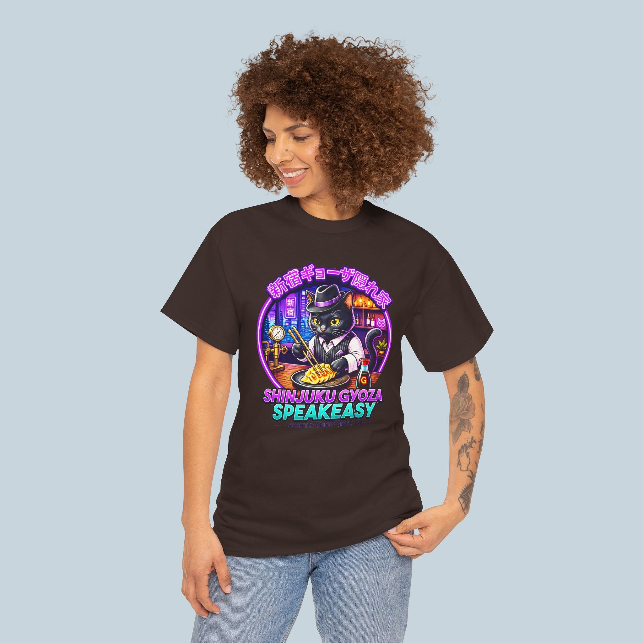 Shinjuku Gyoza Speakeasy T Shirt Neon Anime Cat Shirt Japanese Streetwear Cyberpunk Foodie Graphic Tee