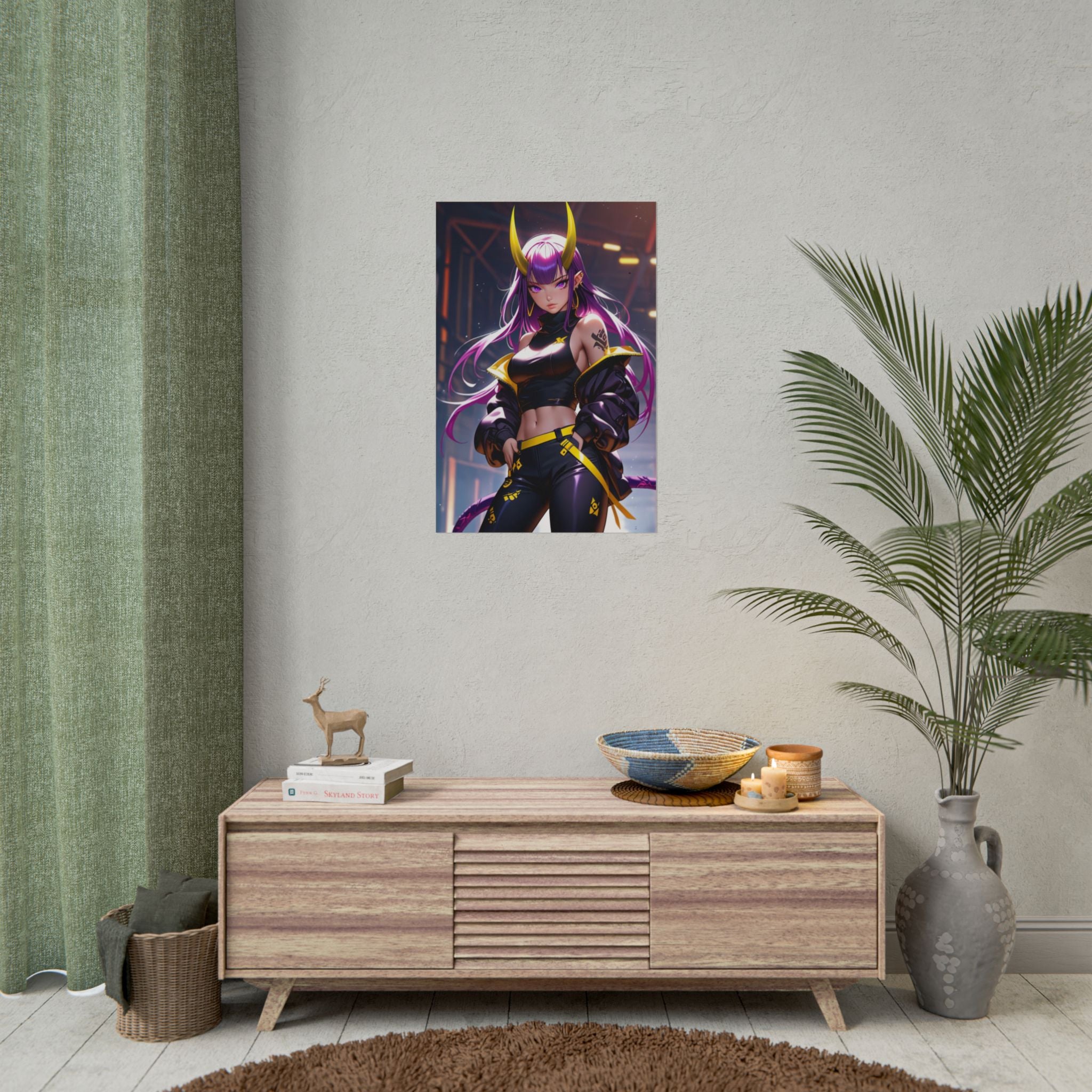 Demon Girl Cyberpunk Poster – Anime Pin Up Wall Art – Neon Oni Mask Villain Print – Dark Fantasy Sci Fi Decor – Epic Anime Apparel
