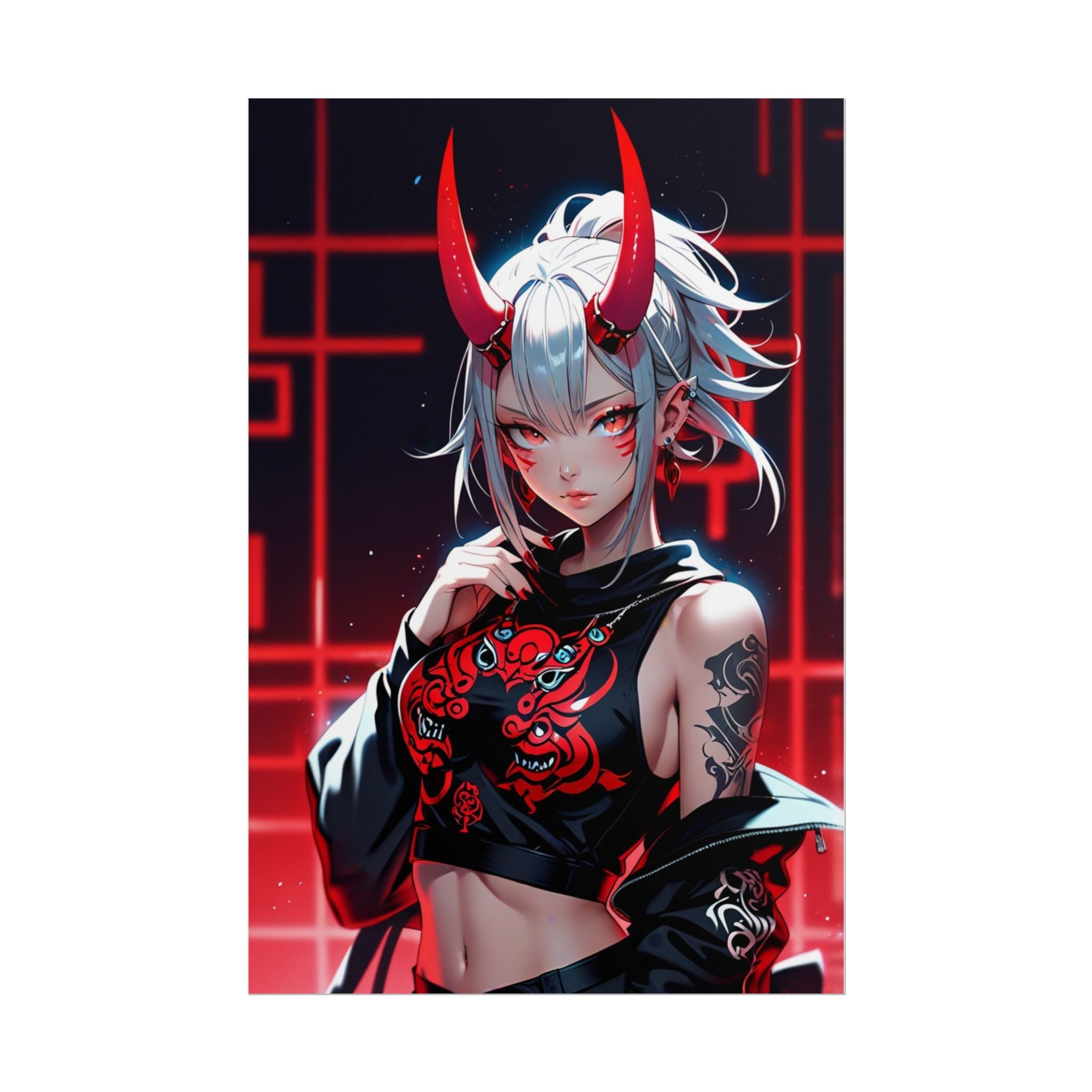 Oni Demon Girl Poster – Japanese Anime Wall Art Print, Red Neon Cyberpunk Decor, Manga Pin Up Demon Poster, Oni Mask Aesthetic Art