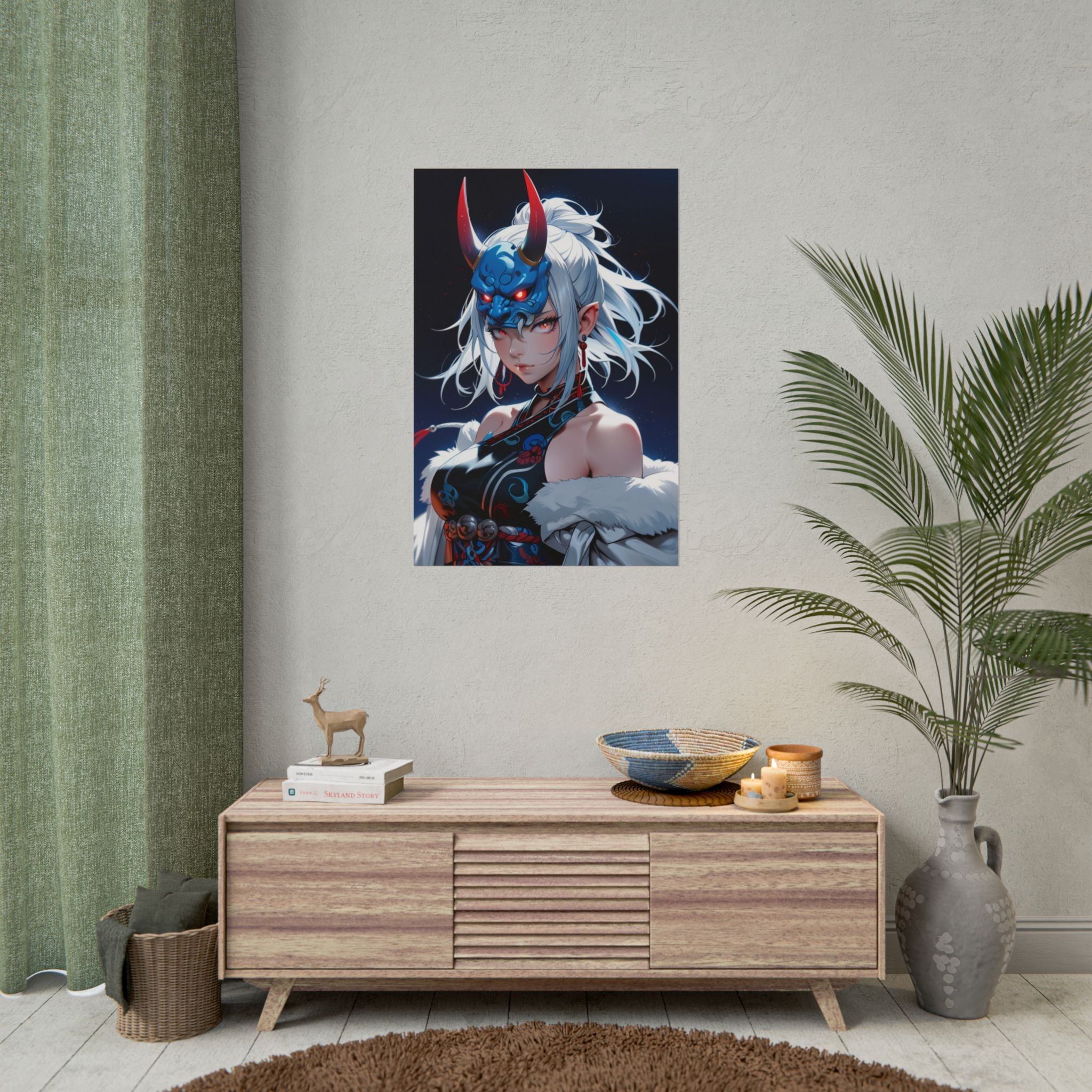 Blue Oni Mask Queen Poster – Anime Demon Girl Wall Art Print, Japanese Yokai Fantasy Artwork, Cyberpunk Pin Up Poster, Manga Horror Decor