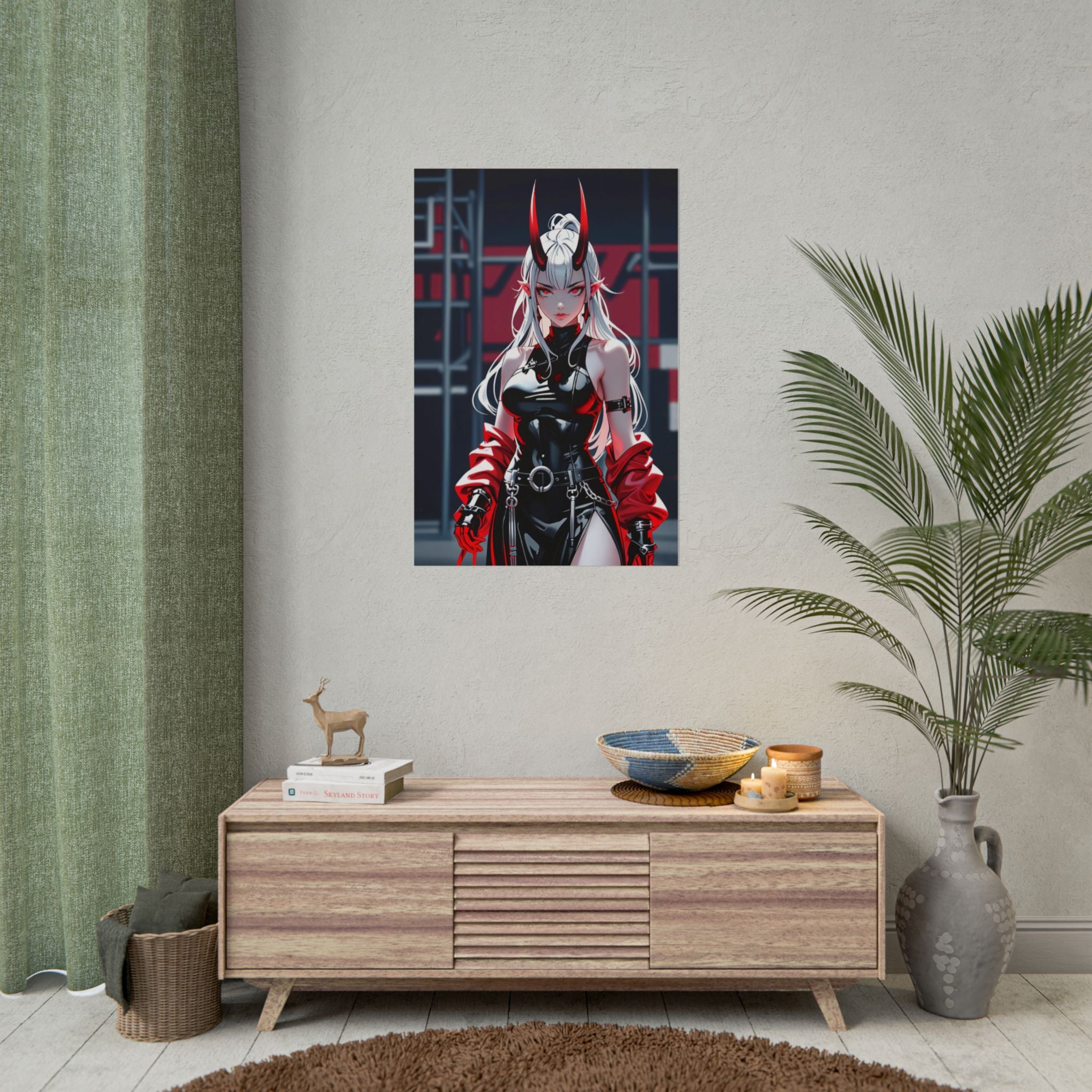 White Haired Demon Girl Poster - Anime Horror Wall Art - Red Horn Oni Girl Print - Sexy Pin Up Anime Decor - Gothic Cyberpunk Demon Artwork - Epic Anime Apparel