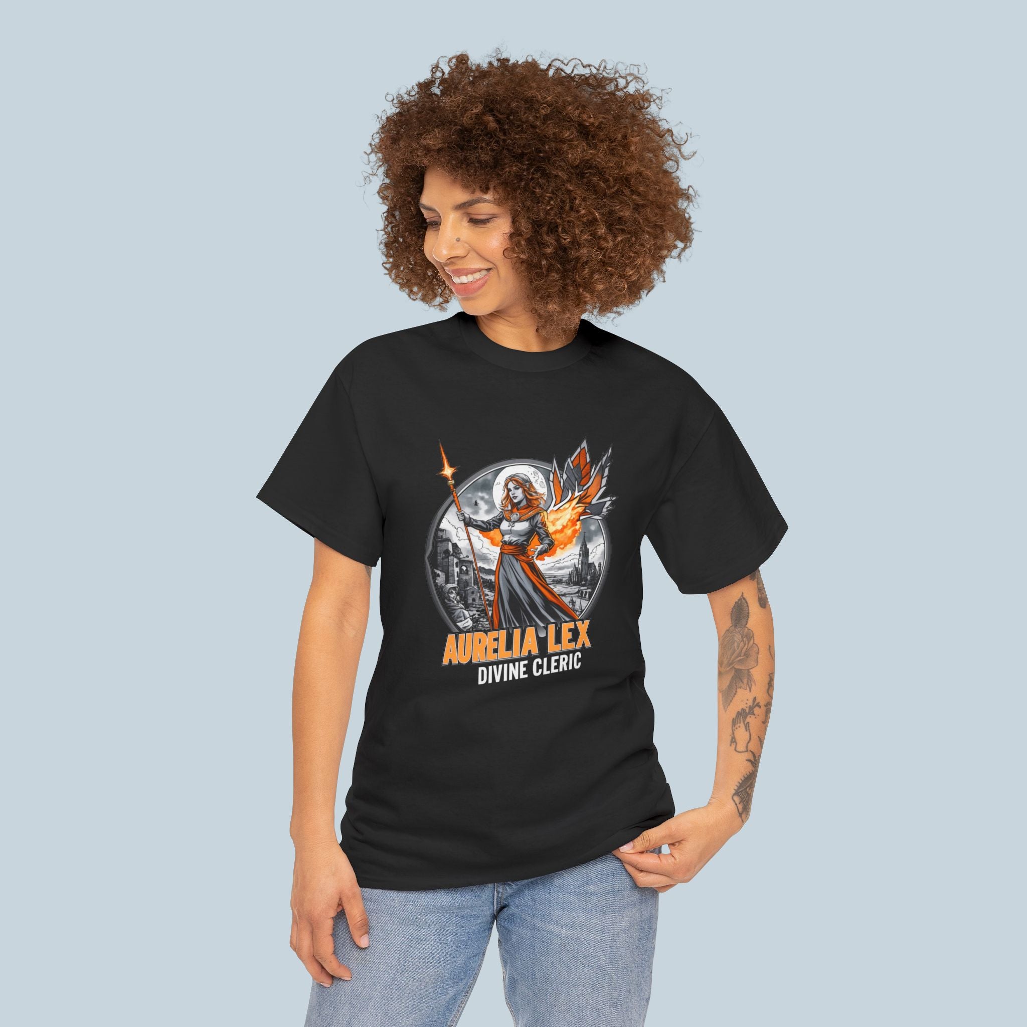 Aurelia Lex Divine Cleric T-Shirt — Fantasy RPG Character Tee