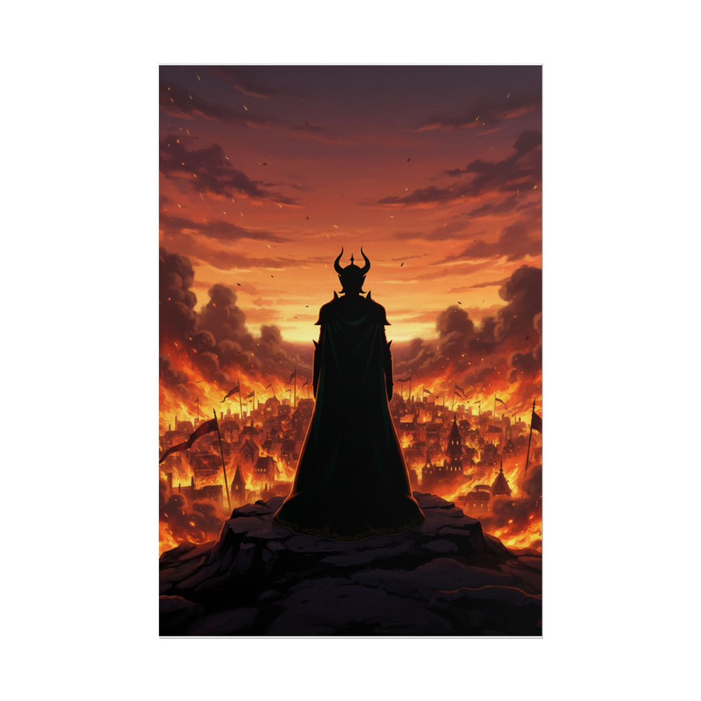 The Horned Queen Poster – Dark Fantasy Anime Wall Art, Burning Kingdom Scene, Villain Silhouette Artwork, 24x36 Print