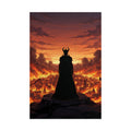 The Horned Queen Poster – Dark Fantasy Anime Wall Art, Burning Kingdom Scene, Villain Silhouette Artwork, 24x36 Print