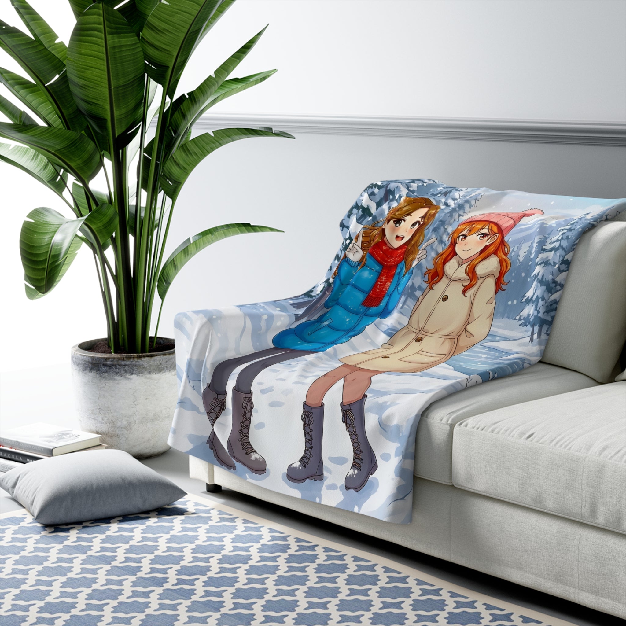 Cozy Winter Anime Sherpa Blanket Girls in Snowy Forest Cute Manga Style Gift for Anime Fans