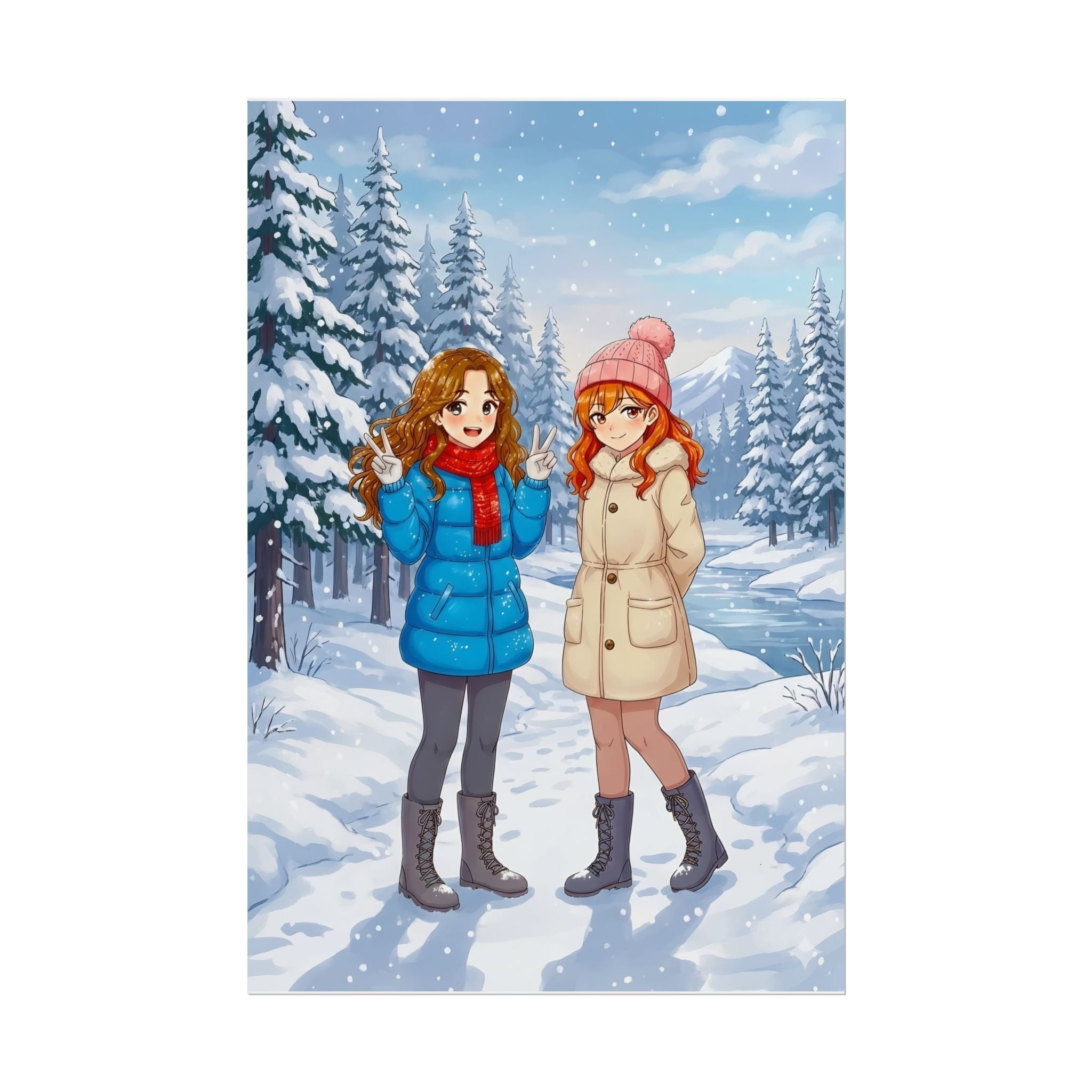 Anime Winter Girls Poster Cozy Snow Scene Wall Art Cute Seasonal Print for Anime Lovers and Fans