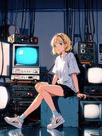 Retro Tech Anime Girl Sherpa Blanket Cozy 90s Aesthetic Gift for Anime Fans and Gamers