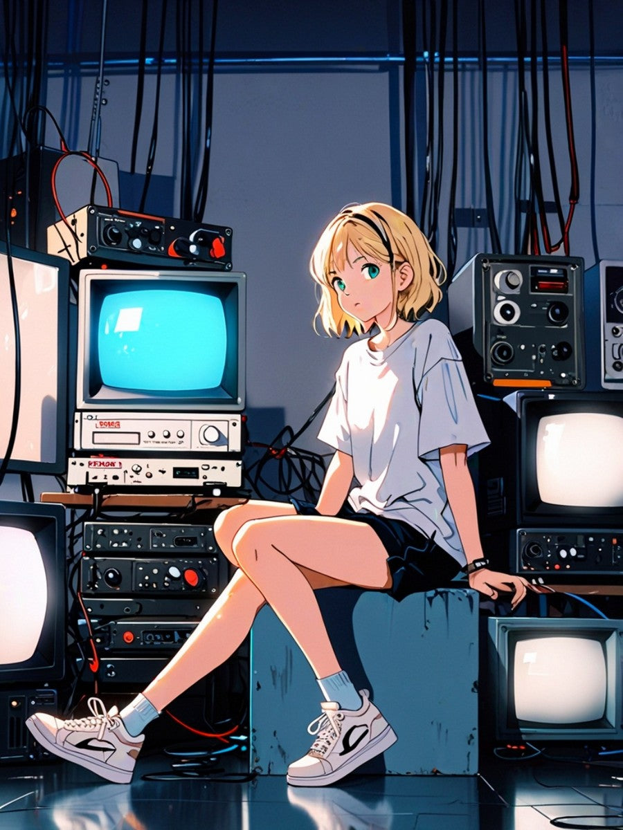 Retro Tech Anime Girl Sherpa Blanket Cozy 90s Aesthetic Gift for Anime Fans and Gamers