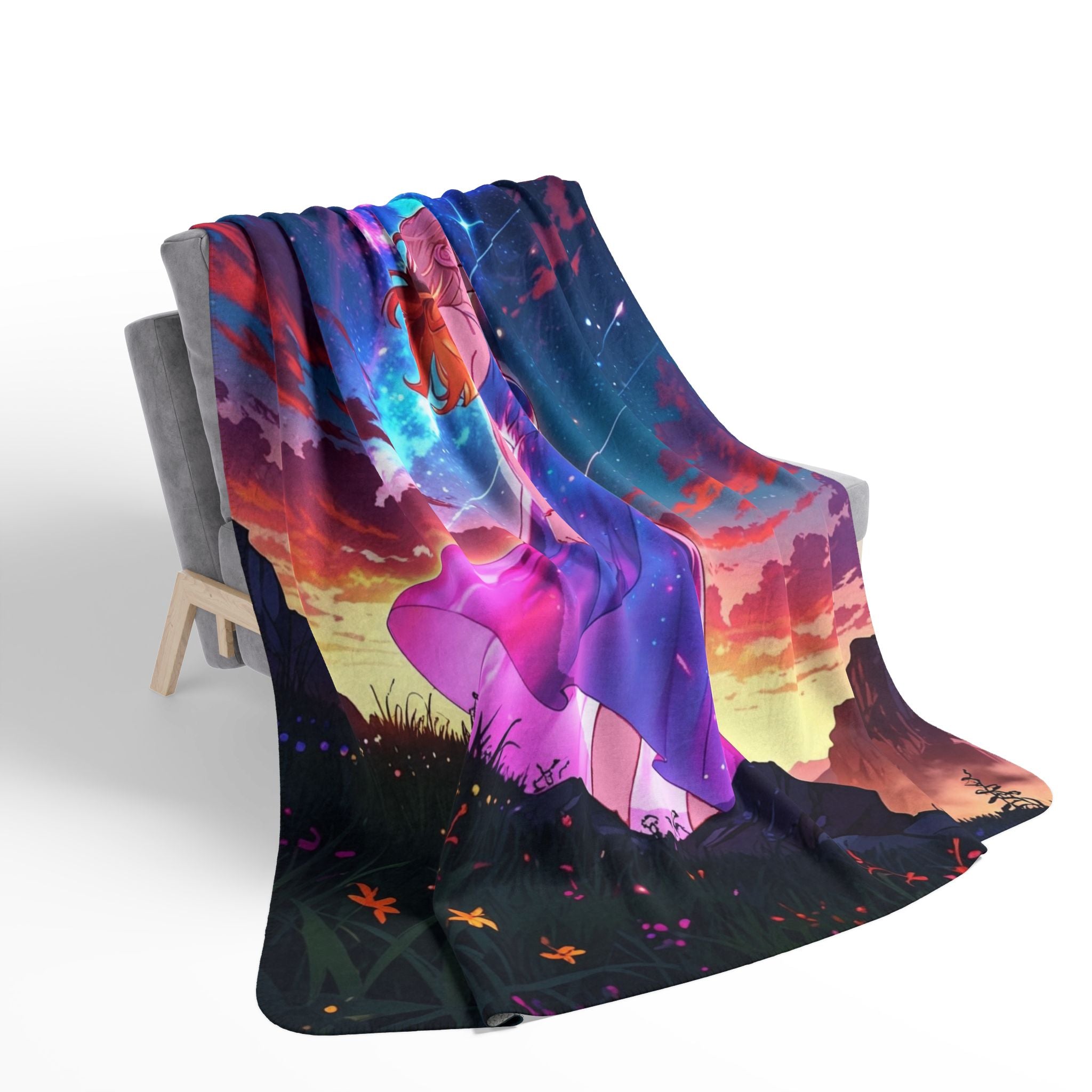 Celestial Dreamer Anime Sherpa Blanket – Starry Night Fantasy Girl Fleece Throw