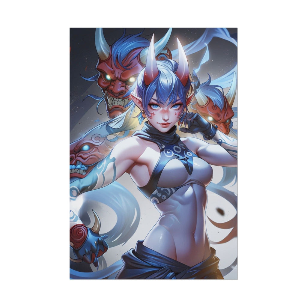 Blue Oni Warrior Girl Poster, Anime Demon Mask Wall Art, Japanese Yokai Fantasy Print, Gamer Room Poster, Epic Anime Wall Decor