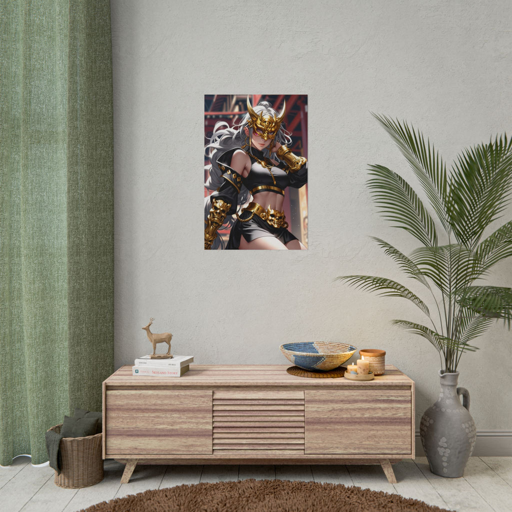Golden Oni Mask Anime Poster – Horned Demon Girl Wall Art, Japanese Skull Armor Fantasy Print, Dark Pin Up Villain Artwork, Collector Poster | Epic Anime Apparel