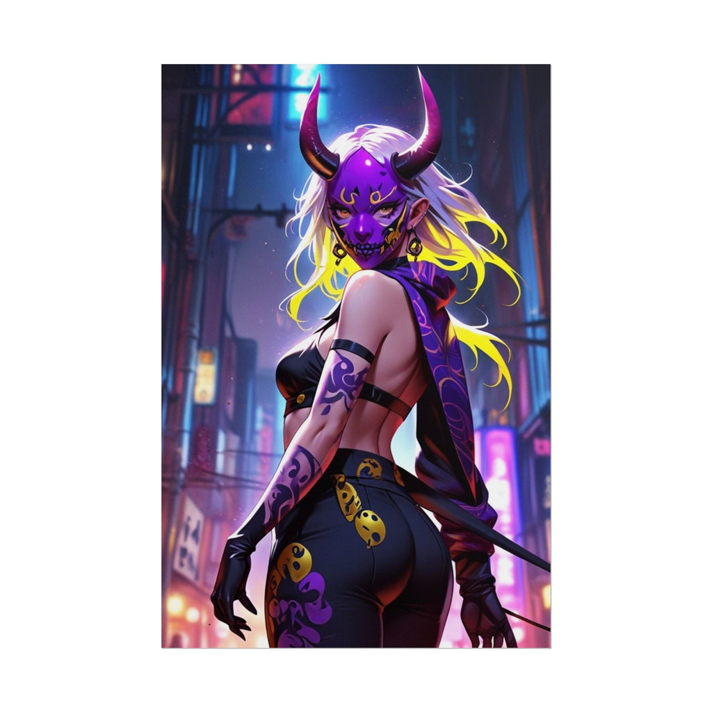 Neon Oni Demon Girl Poster – Cyberpunk Anime Pin Up Wall Art, Japanese Horror Aesthetic Print, Dark Fantasy Manga Style Decor