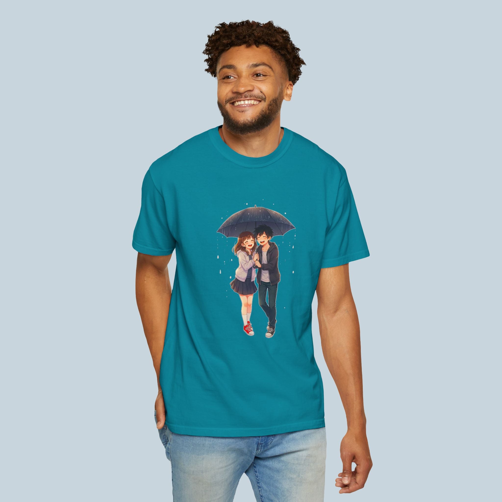 Anime Couple Under Umbrella T-Shirt Cute Romantic Japan Streetwear Comfort Colors Tee Gift for Anime Fans