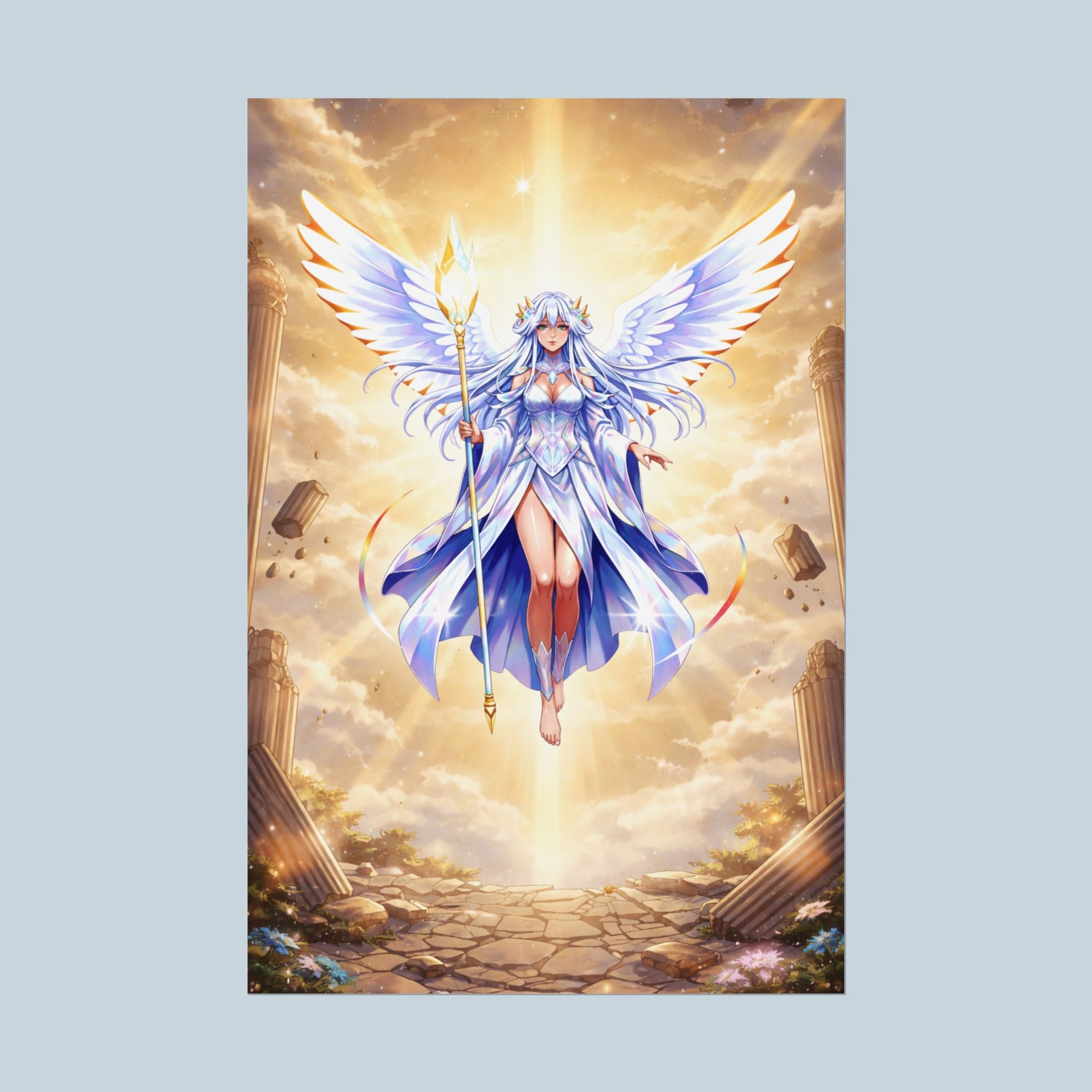 Illustration of an angelic figure with wings and a staff in a fantasy setting.