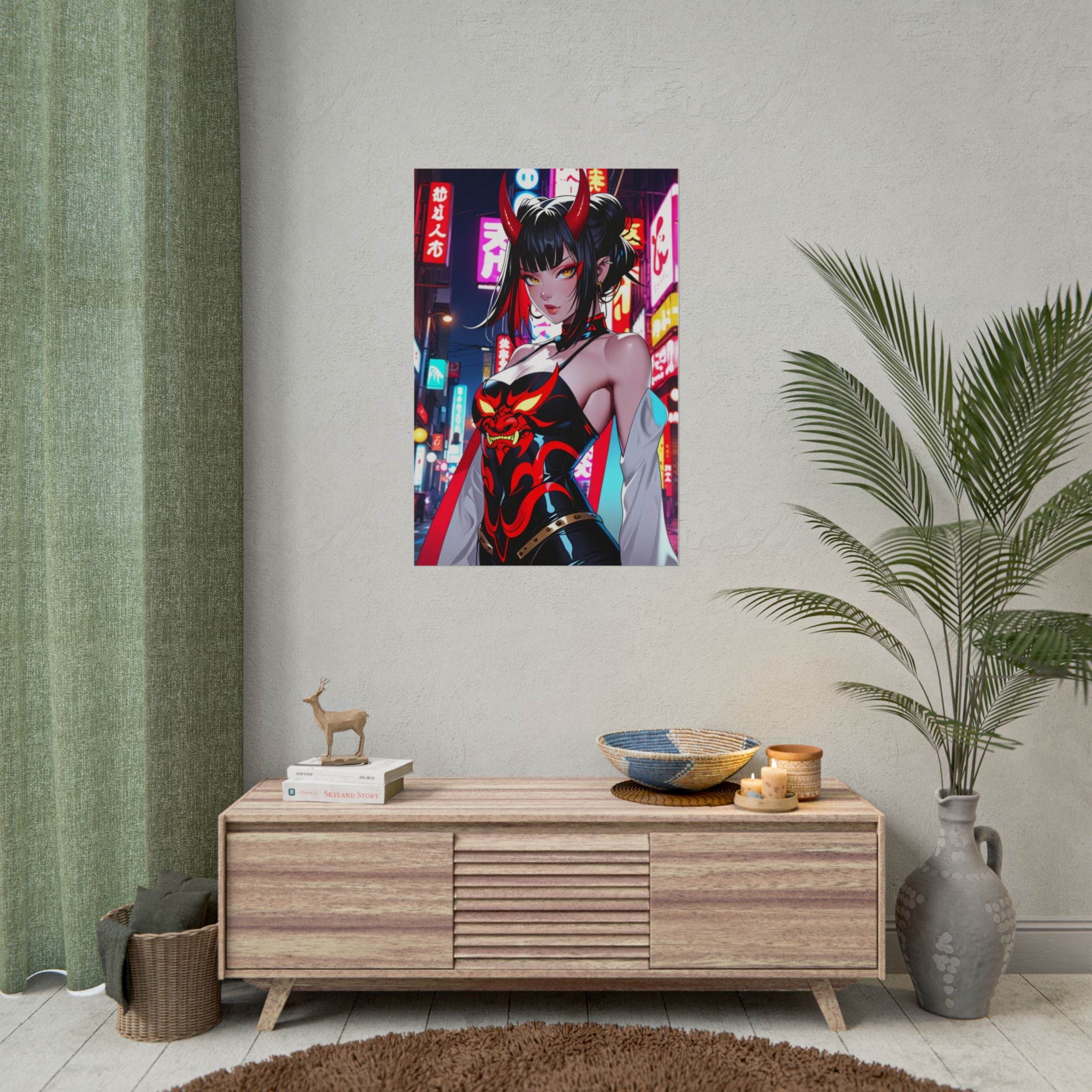 Neon Oni Demon Girl Anime Poster – Cyberpunk Horror Pin Up Wall Art