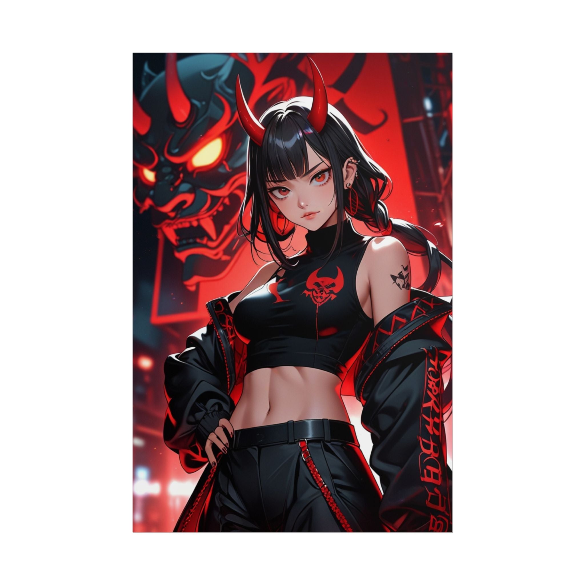 Queen of the Oni Masks Poster – Dark Cyberpunk Oni Demon Girl Wall Art, Anime Horror Print, Japanese Mask Fantasy Decor
