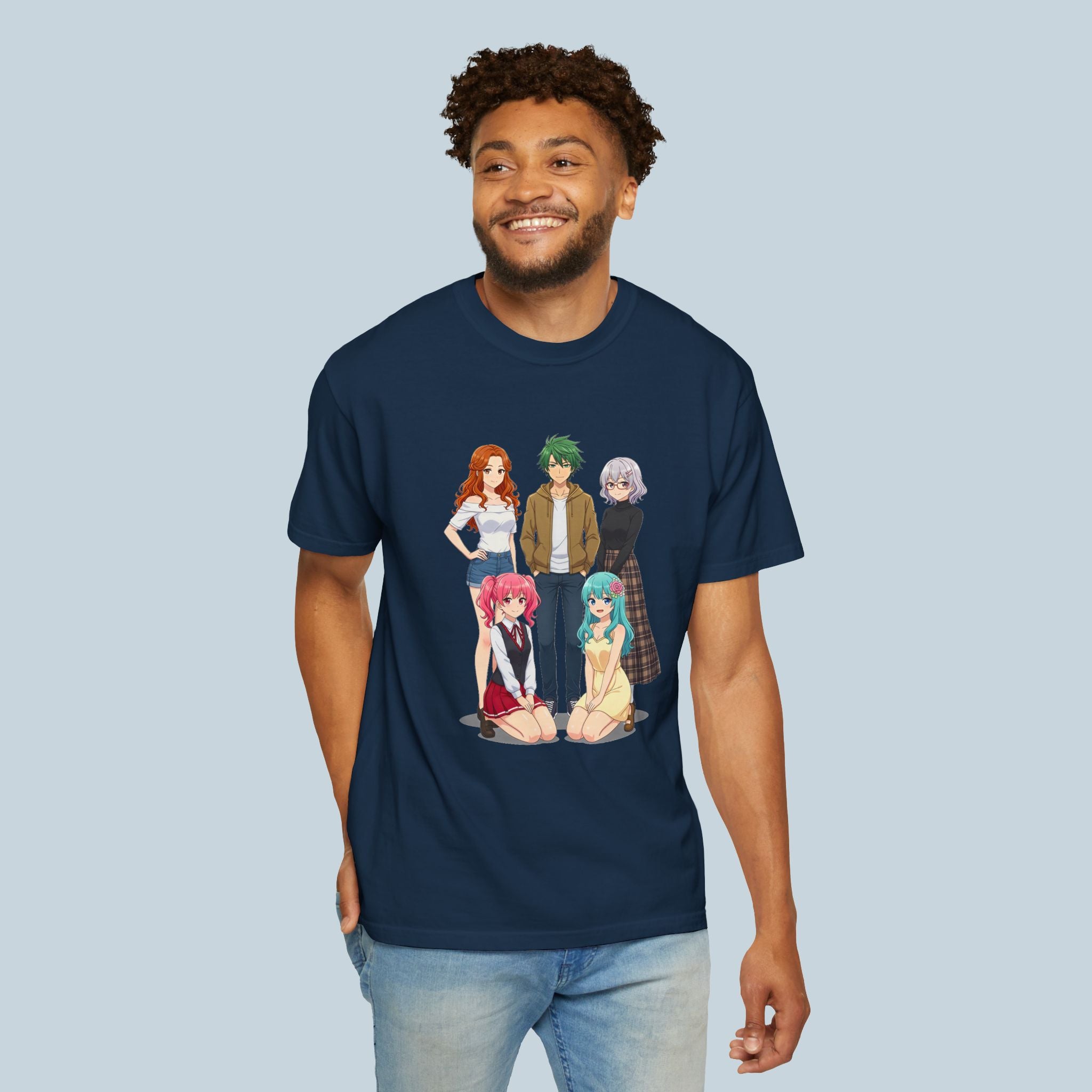 Anime Girl Harem T-Shirt Comfort Colors Vintage Teal Tee for Otaku Fans