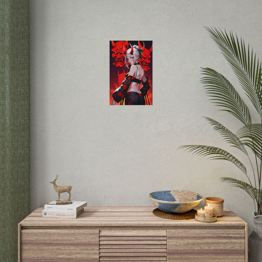 Oni Mask Demon Girl Poster – Sexy Anime Pin Up Wall Art Print, Japanese Horror Decor, Cyberpunk Manga Demon Poster