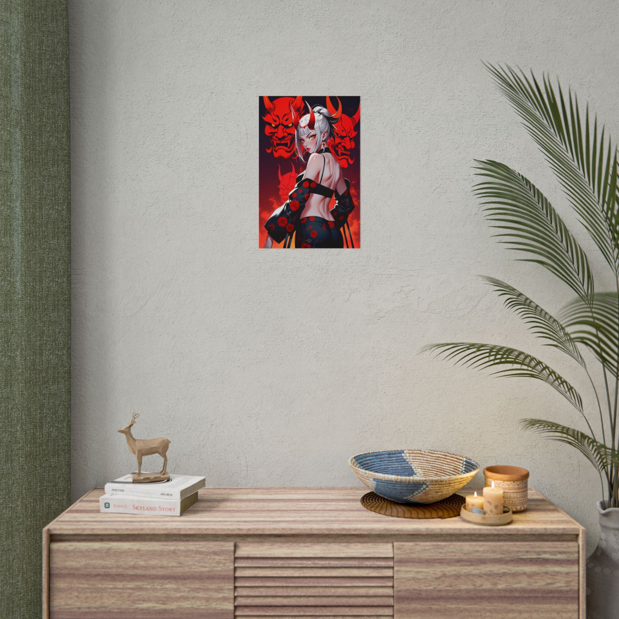 Oni Mask Demon Girl Poster – Sexy Anime Pin Up Wall Art Print, Japanese Horror Decor, Cyberpunk Manga Demon Poster