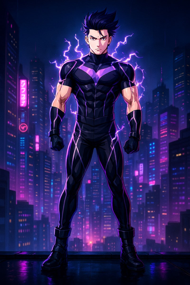 Cyberpunk Lightning Hero Poster Neon Glow Wall Art Futuristic Anime Print Gift for Gamers and Sci-Fi Fans