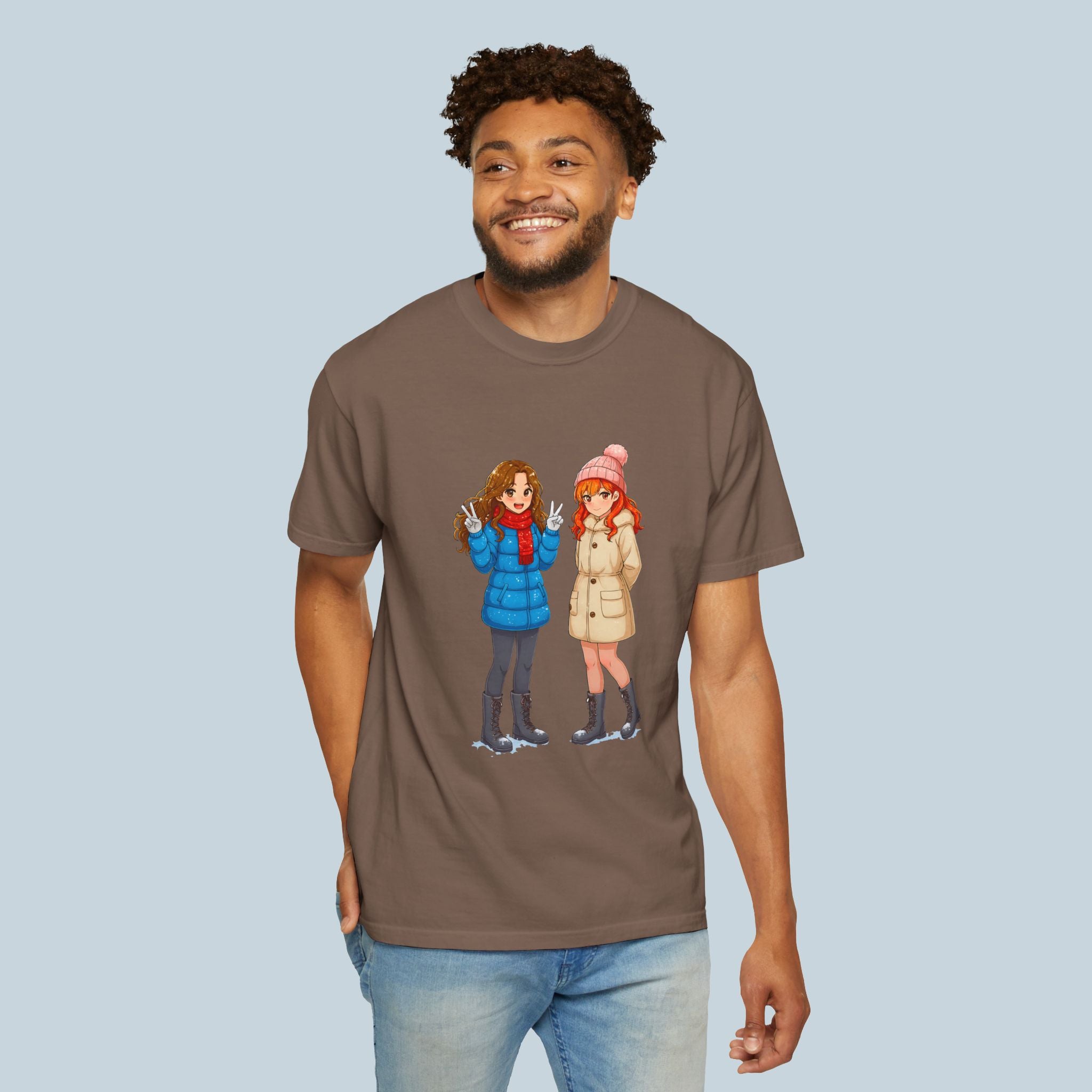 Cute Winter Anime Girls T-Shirt Cozy Slice of Life Tee for Anime Fans and Collectors