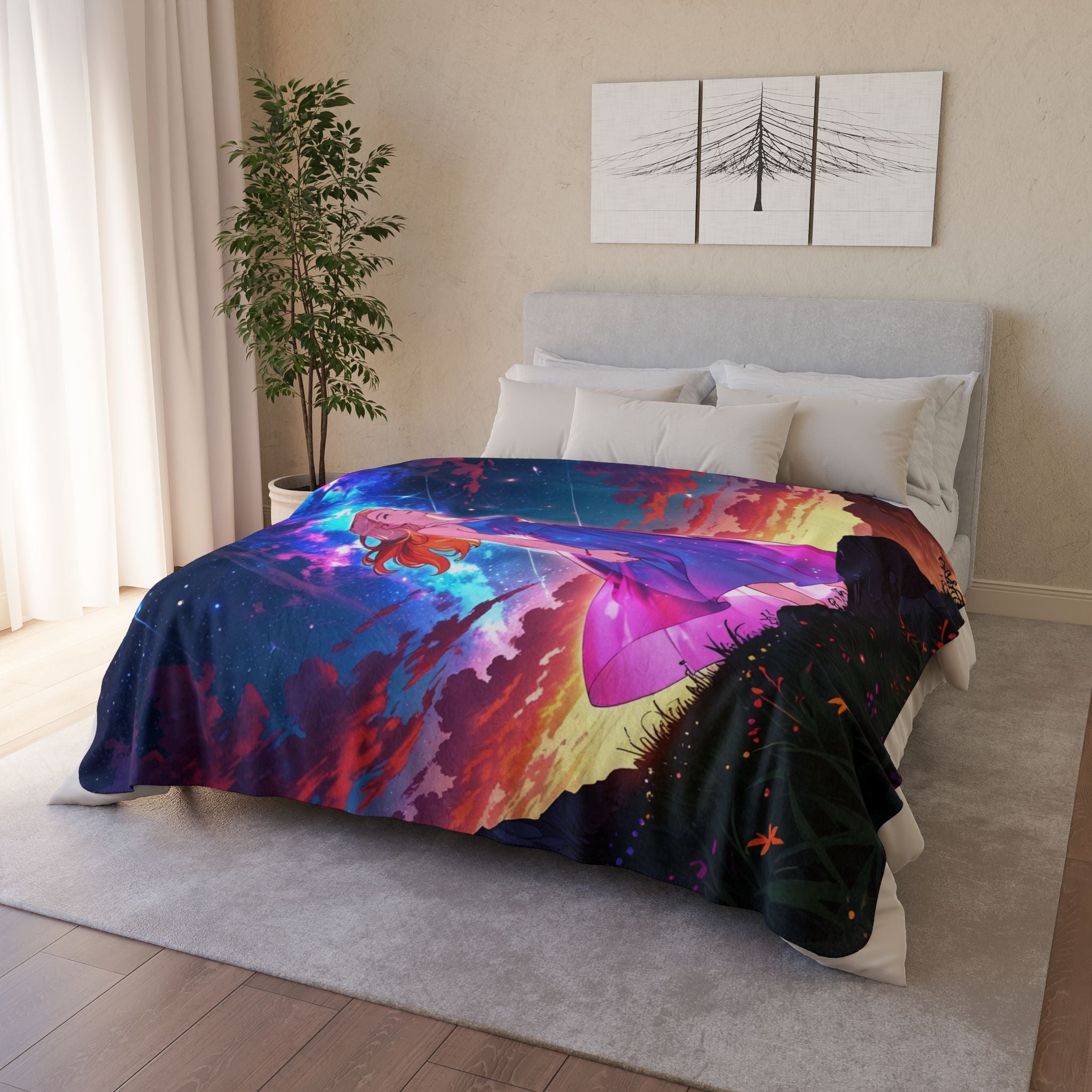Celestial Dreamer Anime Sherpa Blanket – Starry Night Fantasy Girl Fleece Throw