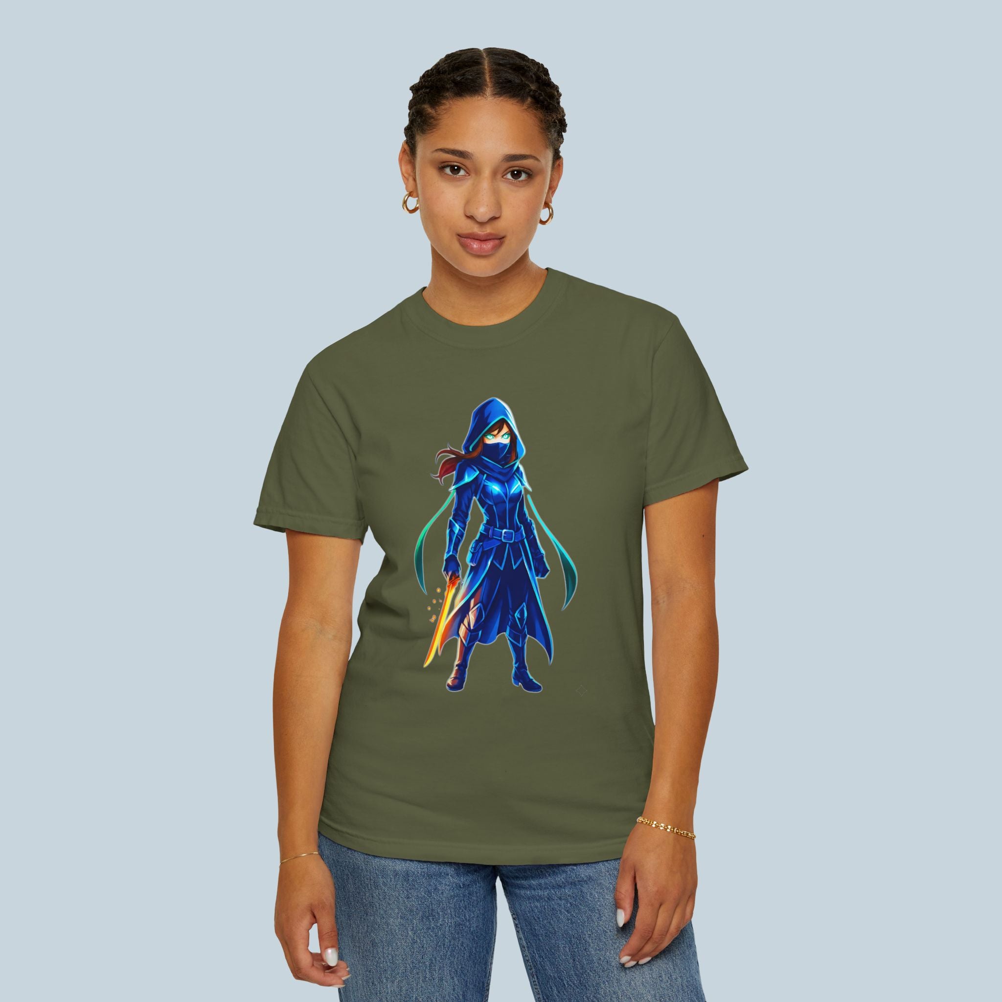 Epic Anime Elf T‑Shirt – Glowing Blue Rogue Hero Design – Fantasy Anime Streetwear Shirt for Gamers & Fans