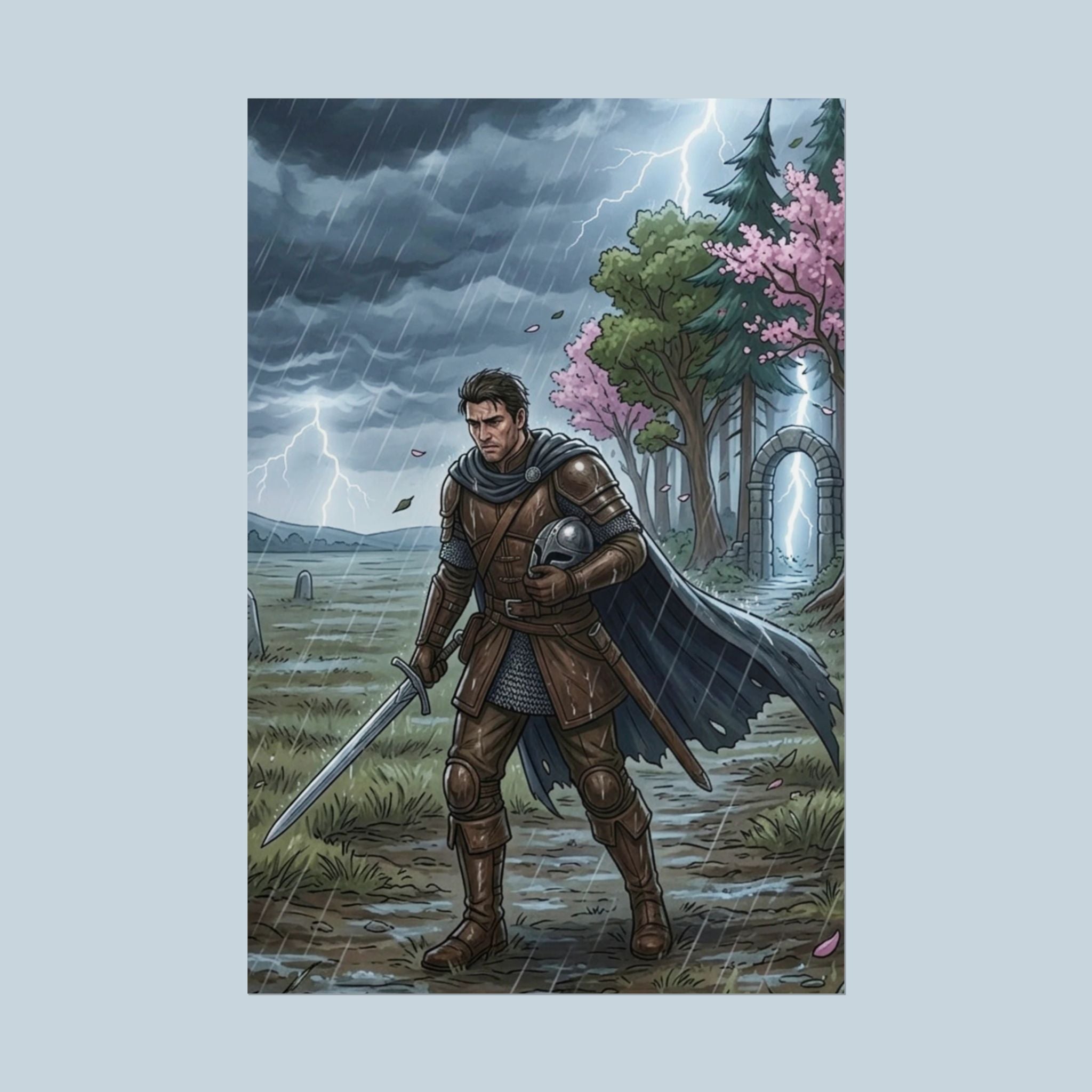 The Soldier Poster – Blossom Grove Story Anime Wall Art, Epic Fantasy Warrior Print, Storm Knight Illustration, Epic Anime Lore Character Poster