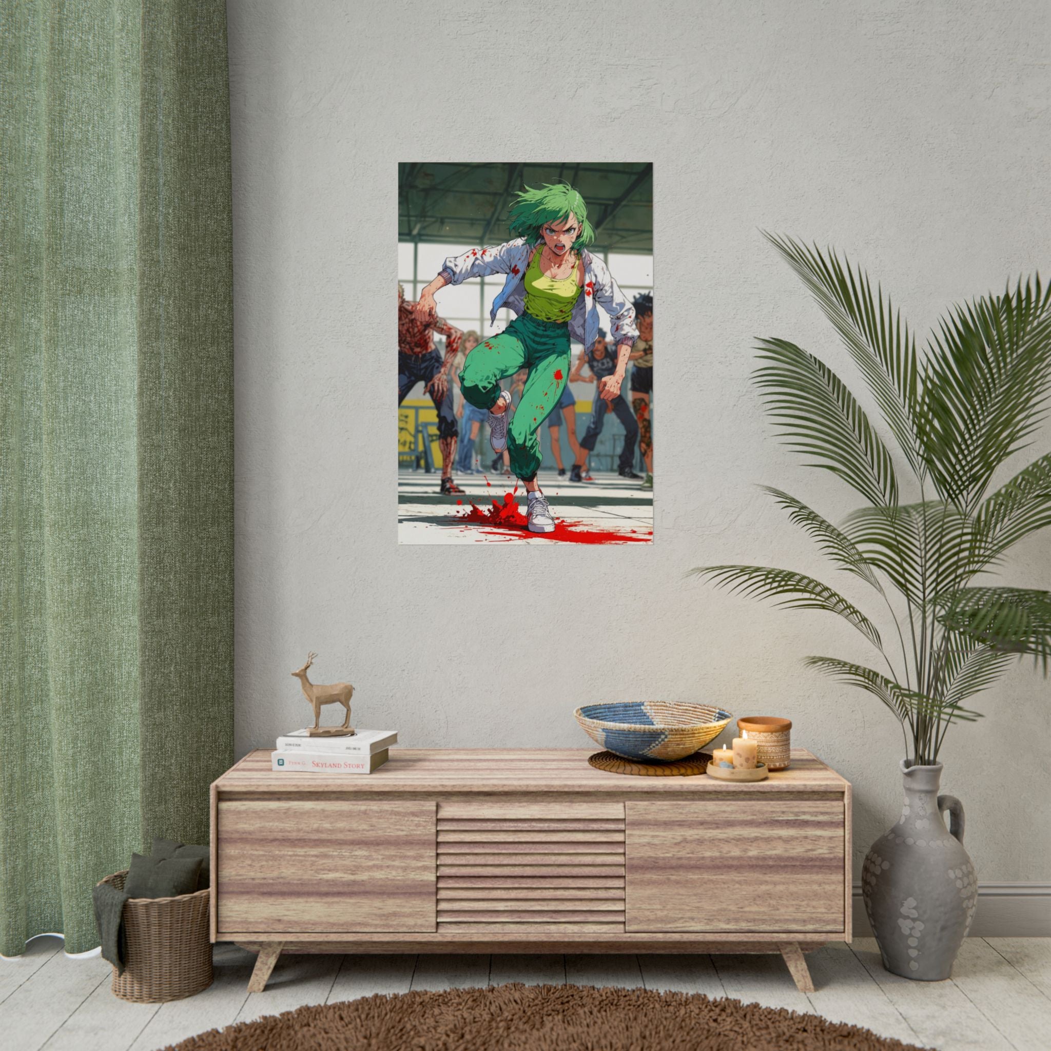 Zombie Outbreak Escape Anime Poster – Green-Haired Survivor Horror Wall Art, Zomba Squad Action Apocalypse Print