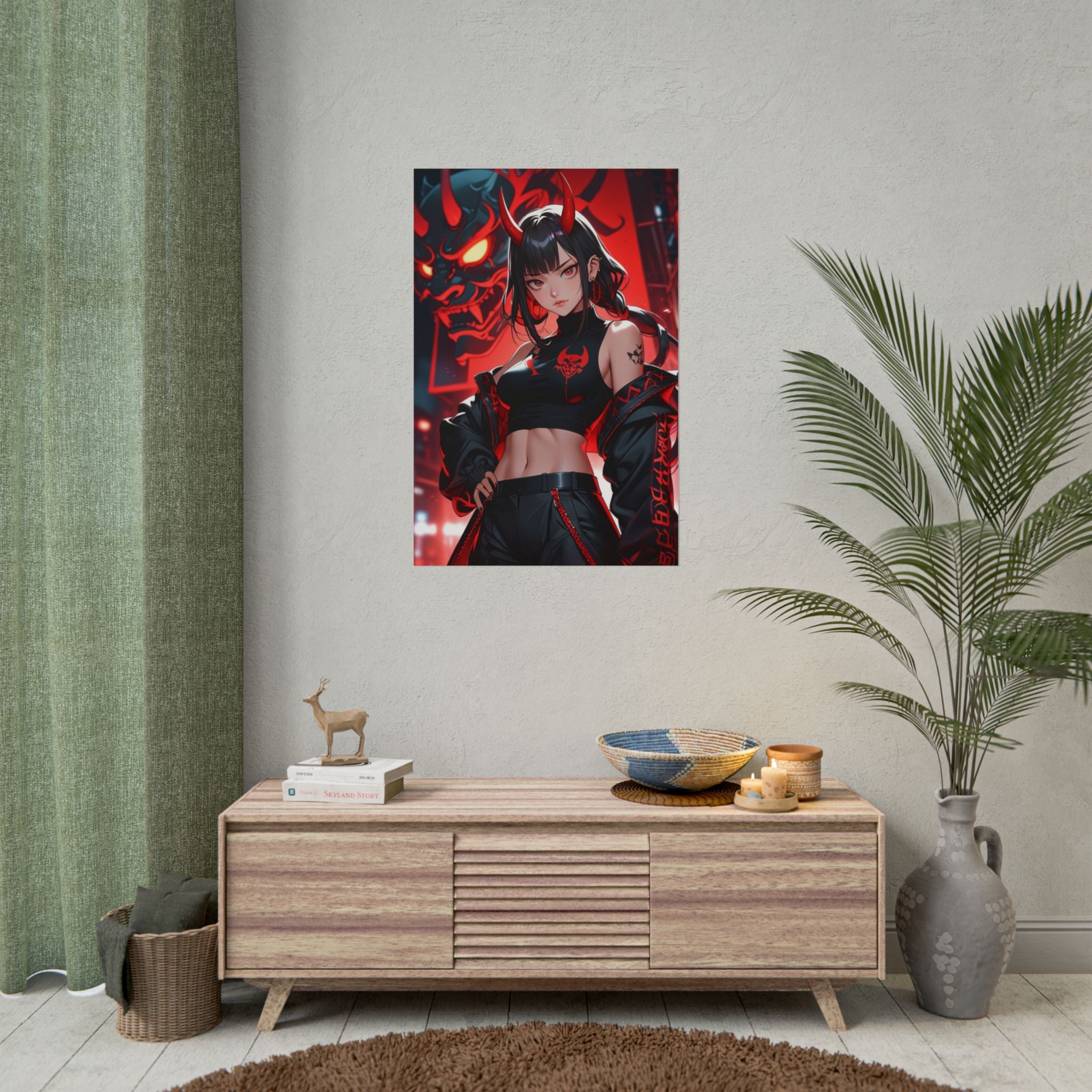 Queen of the Oni Masks Poster – Dark Cyberpunk Oni Demon Girl Wall Art, Anime Horror Print, Japanese Mask Fantasy Decor