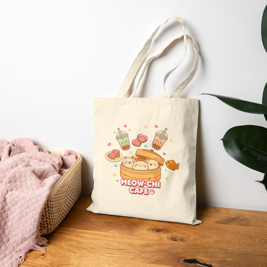 Meow-Chu Café Canvas Tote Bag — Cute Cat Bubble Tea & Pastry Market Tote
