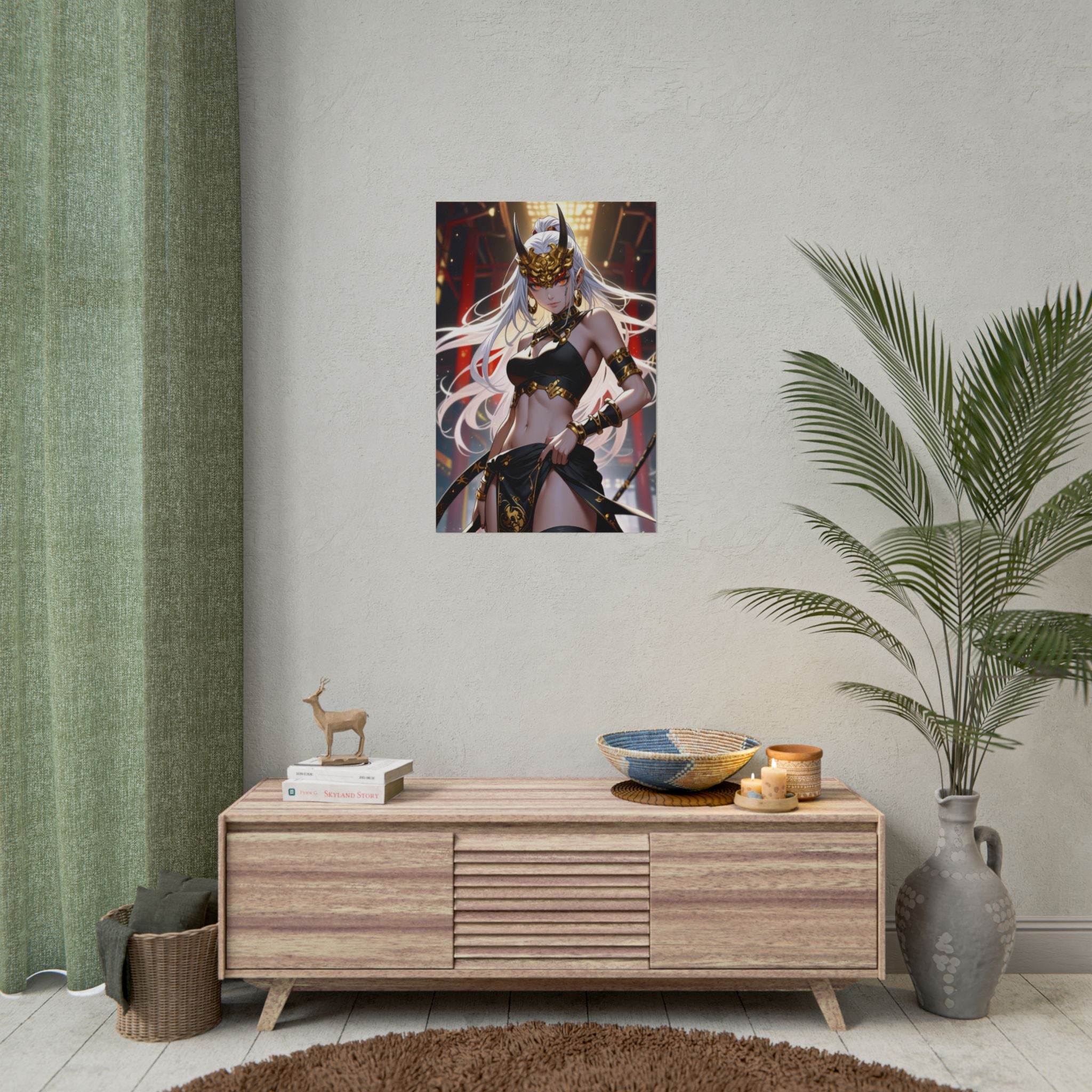 Oni Demon Queen Poster - White Hair Horned Mask Anime Wall Art, Dark Fantasy Samurai Girl Print, Gothic Japanese Aesthetic Decor