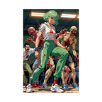 Zombie Gym Outbreak Anime Poster – Green-Haired Survivor Horror Wall Art, Apocalypse Action Print, Zomba Squad Decor