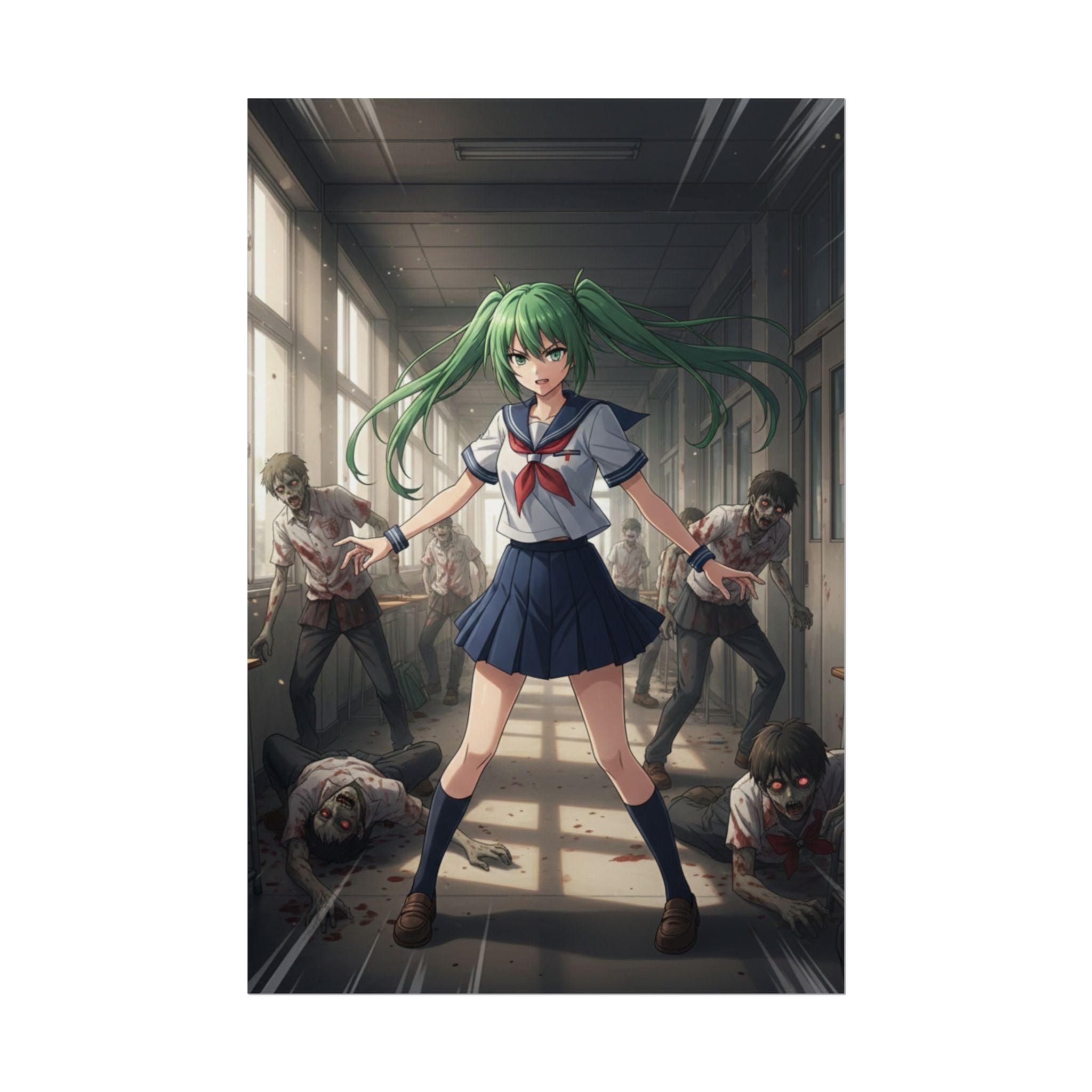 Zombie Schoolgirl Anime Poster, Apocalypse Hallway Manga Wall Art, Horror Anime Print, Japanese Zombie Survival Decor, Retro Horror Anime Girl Poster