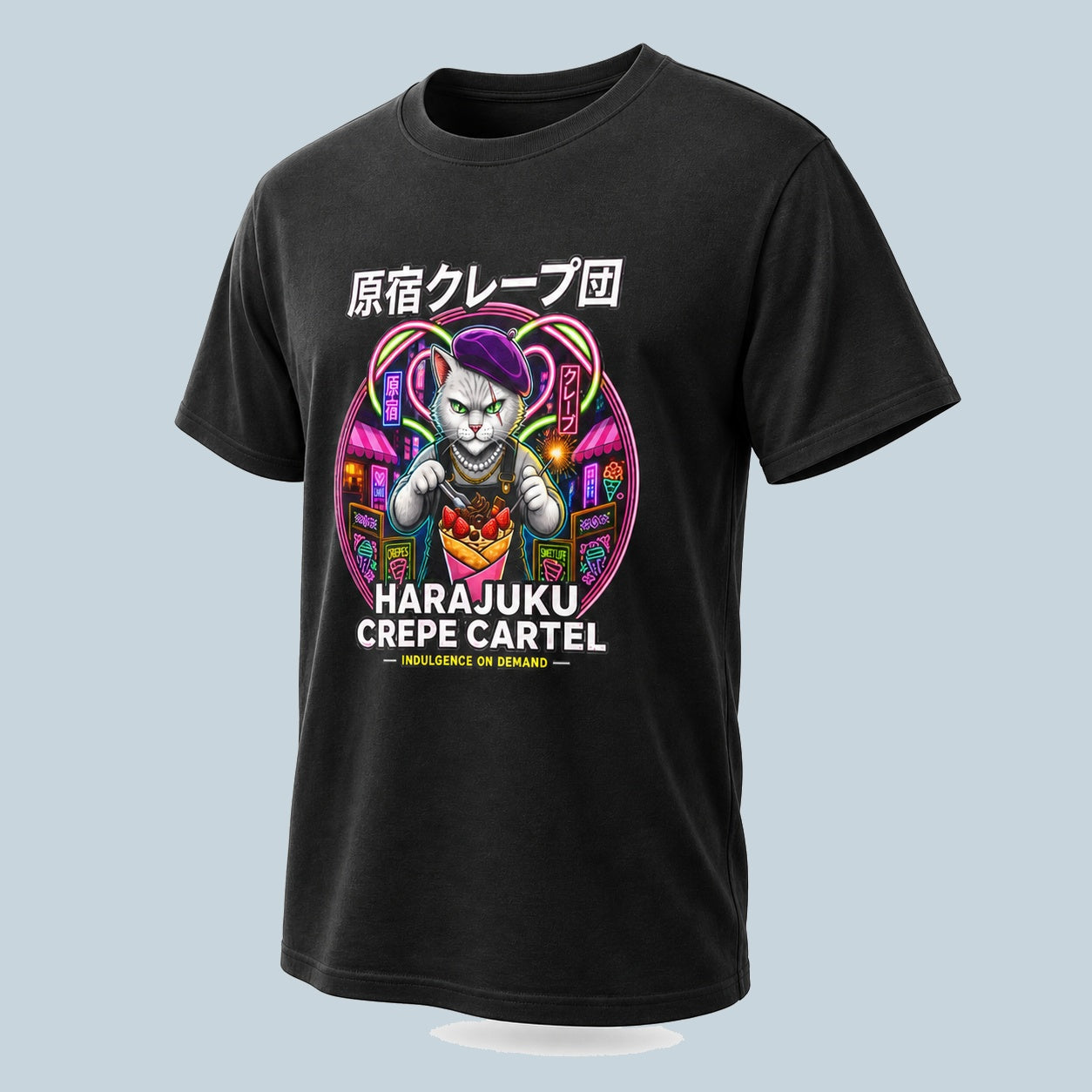 Harajuku Crepe Cartel T-Shirt Neon Japanese Streetwear Cat Graphic Tee Tokyo Anime Style Shirt Foodie Fashion Gift
