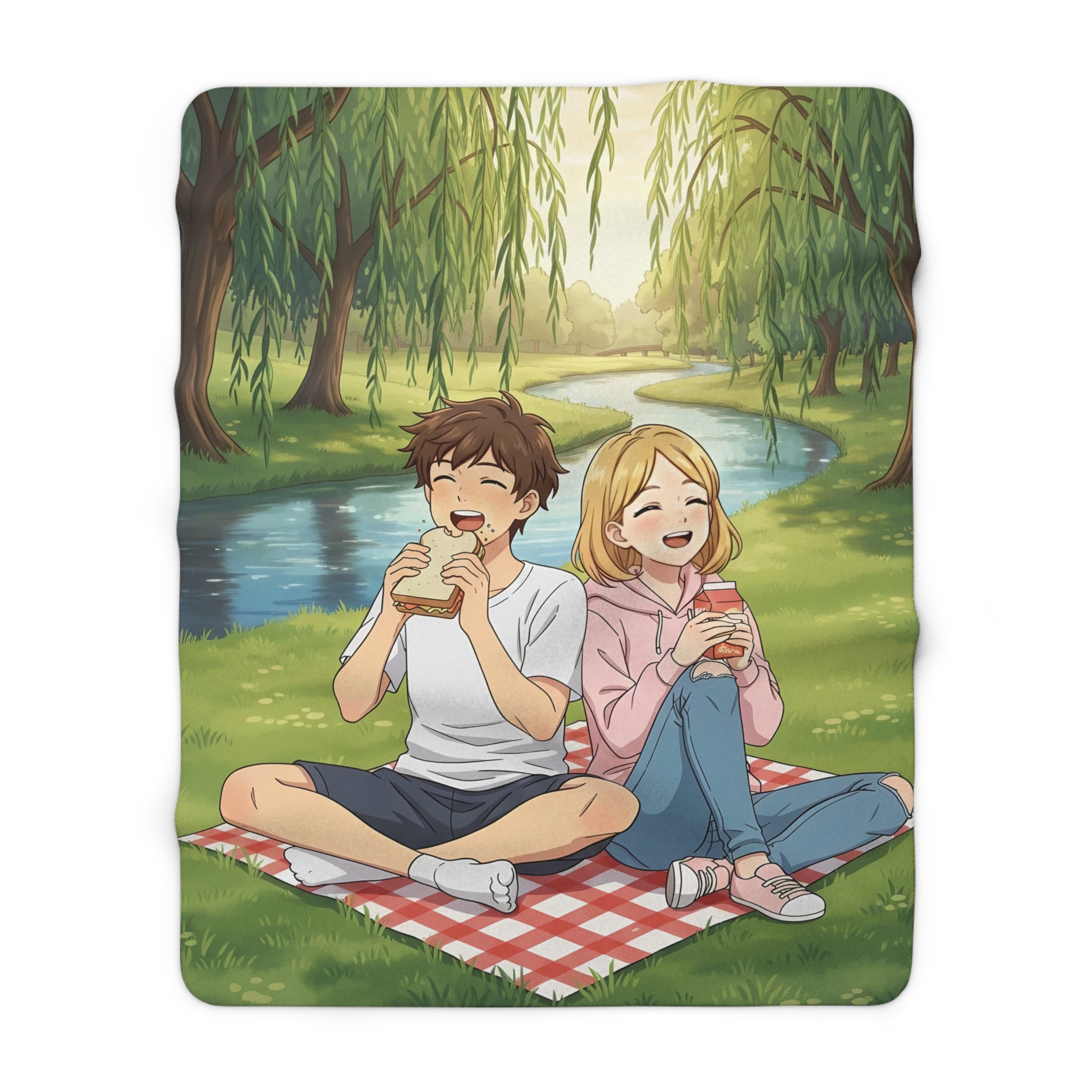 Anime Couple Picnic Sherpa Blanket — Willow Trees River Scene