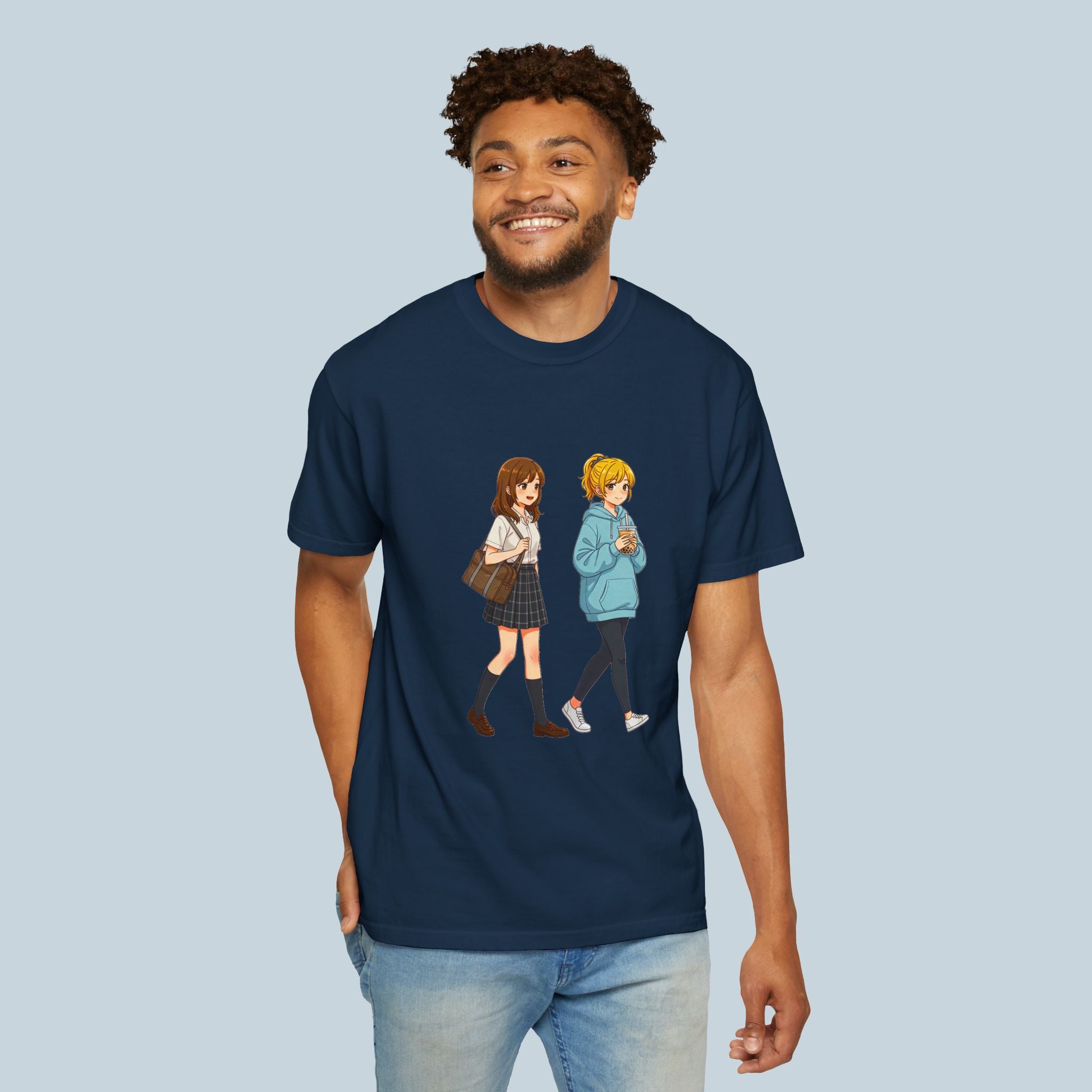 Anime School Friends T-Shirt — Cute Walking Duo Graphic Tee