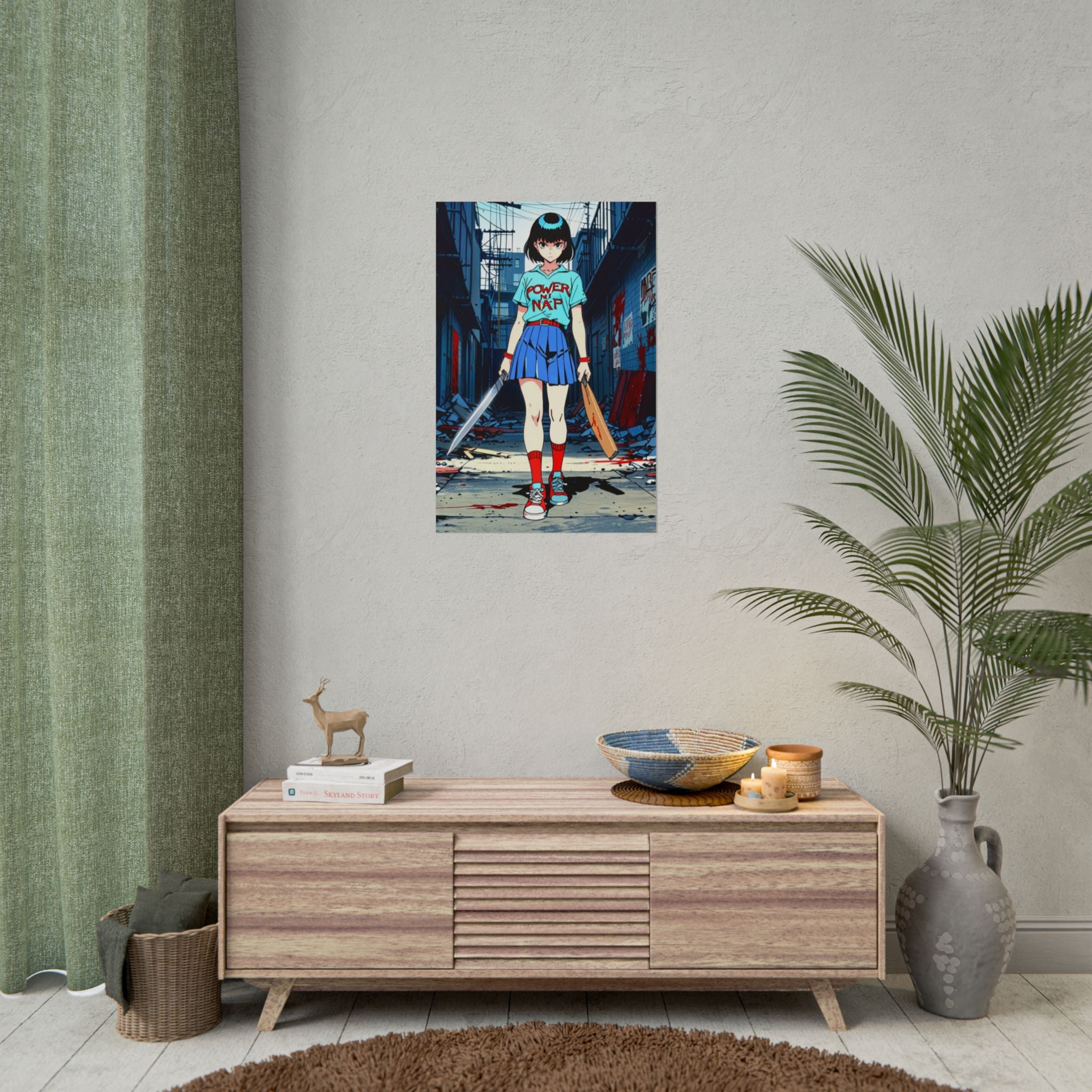 Power Nap Zombie Slayer Anime Poster – Horror Schoolgirl Wall Art, Retro Apocalypse Alley Print, Zomba Squad Decor