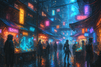Cyberpunk City Wall Art Futuristic Anime Street Scene with Neon Lights and Sci Fi Market
