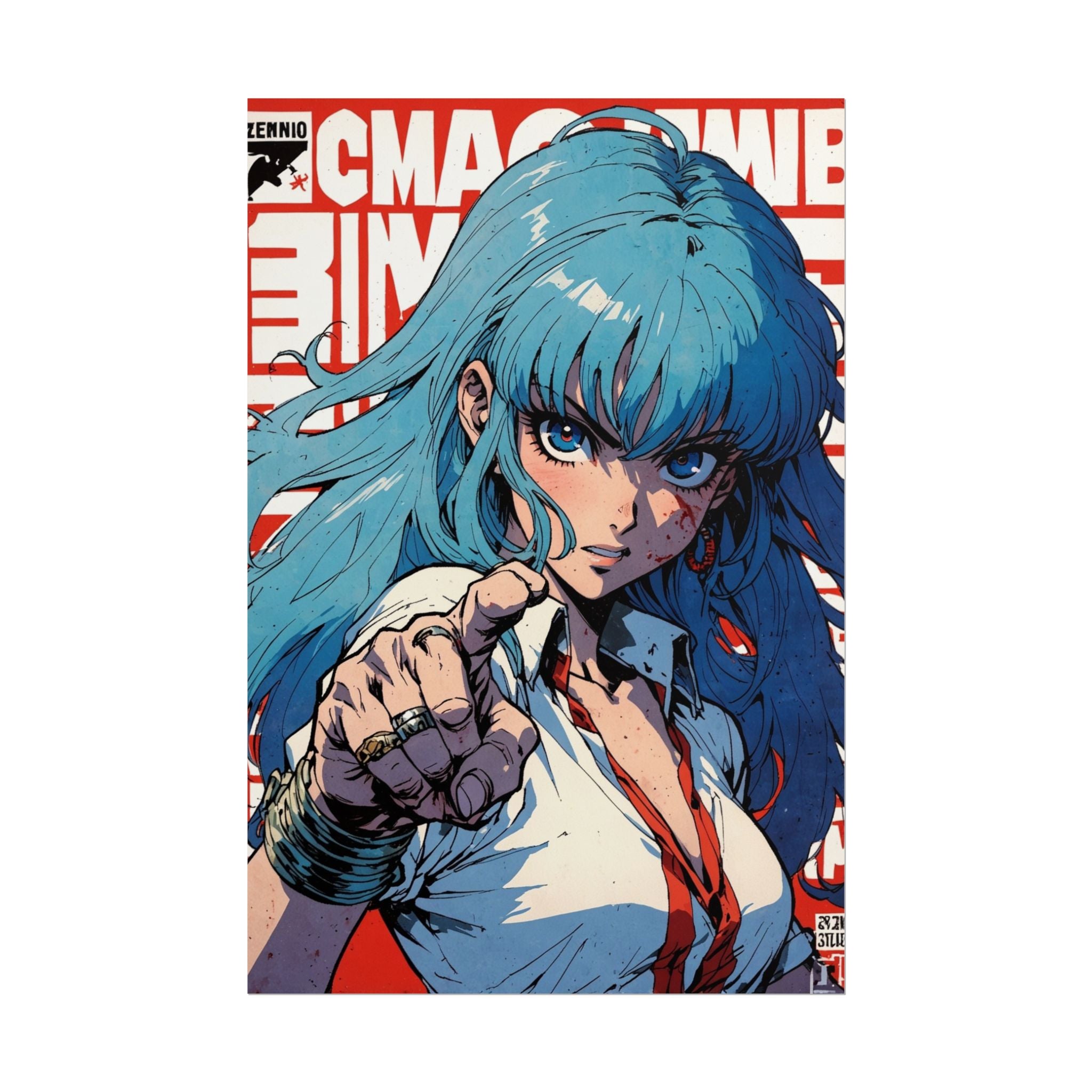 Retro Anime Grindhouse Poster, Blue Haired Survivor Girl Wall Art, Pulp Horror Manga Print, Zombie Apocalypse Anime Decor, Gamer Room Poster