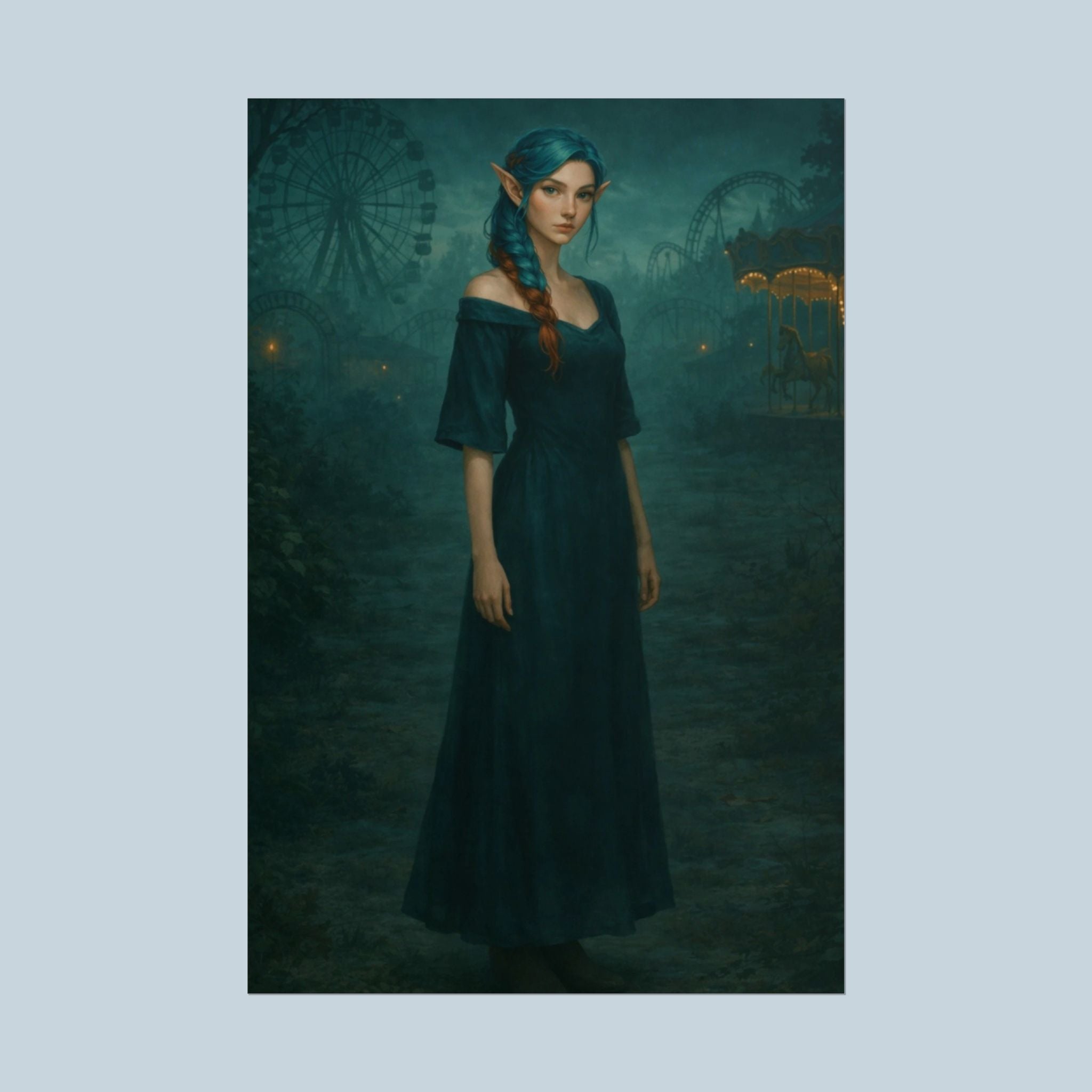 Elyra Veyne Poster – Fae Encounter Anime Wall Art, Dark Carnival Elf Girl, Fantasy Mystery Artwork, Epic Anime Universe