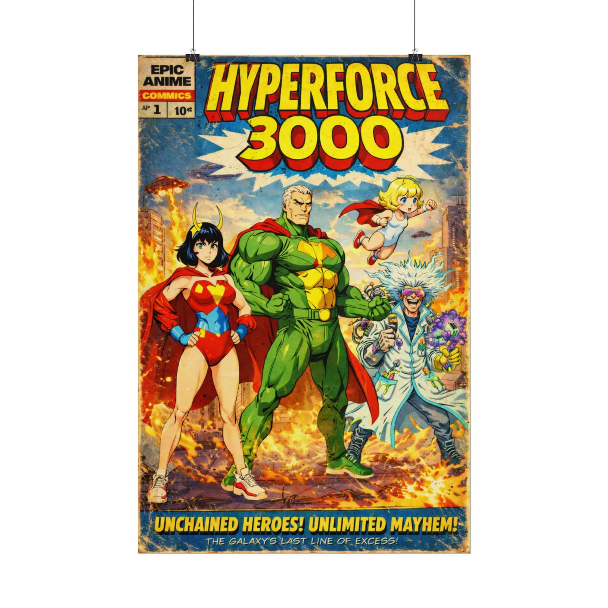Hyperforce 3000 Poster – Retro Comic Superhero Wall Art, Anime Sci-Fi Team Poster, Vintage Action Comic Cover, 24x36 Print